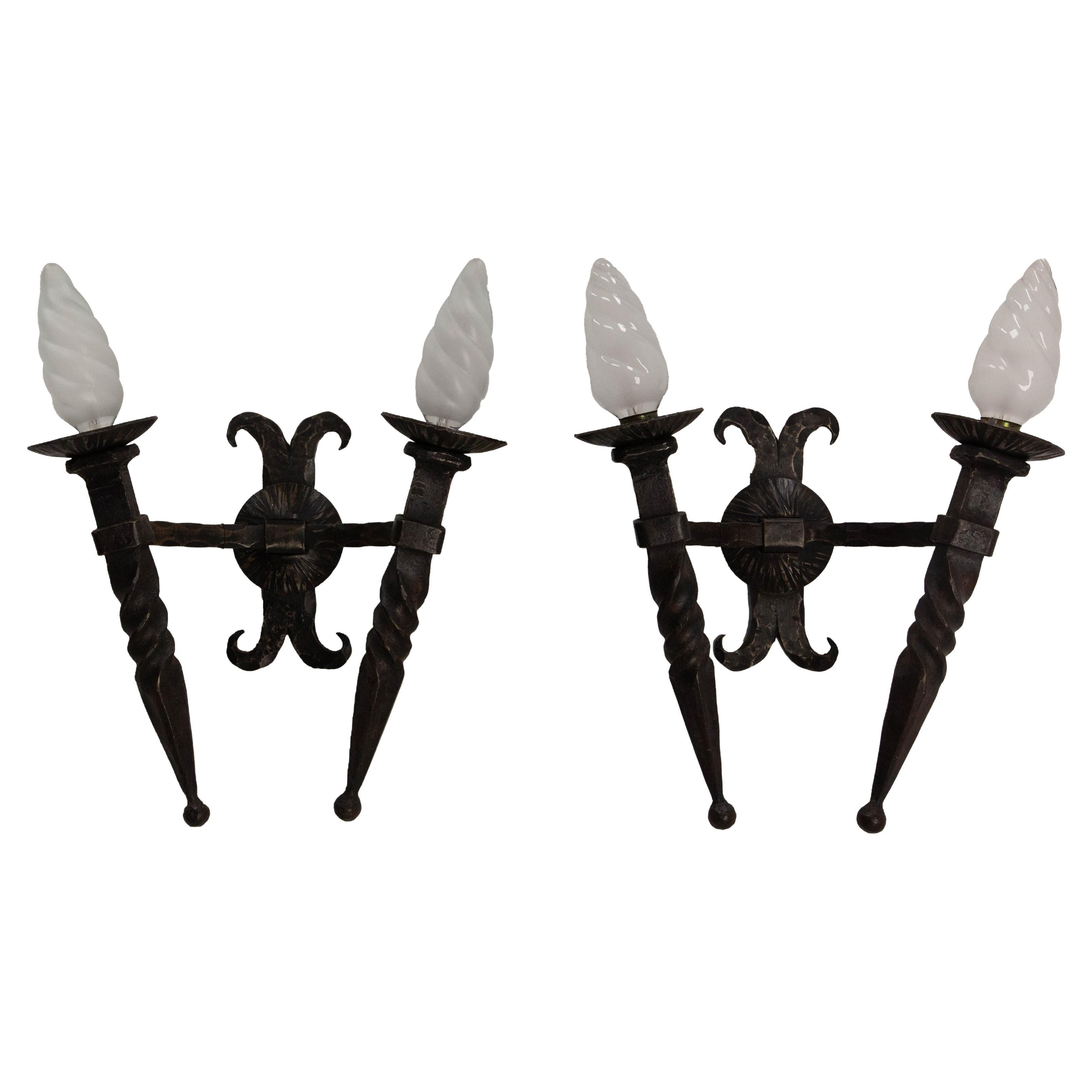 Pair of Sconces Wall Light Lantern Wrought Iron, circa 1960, French