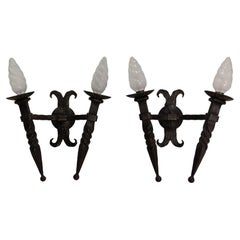 Pair of Sconces Wall Light Lantern Wrought Iron, circa 1960, French