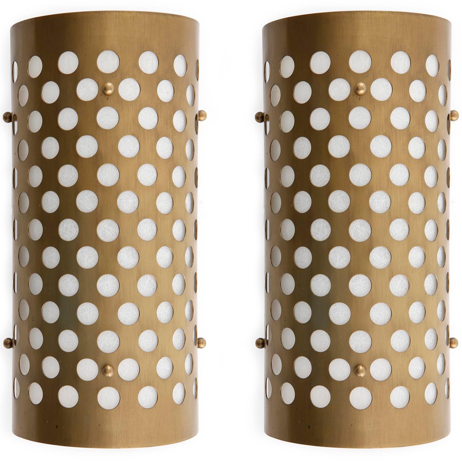 Pair of Sconces Wall Lights, Perforated Patinated Brass Plexiglass, 1970