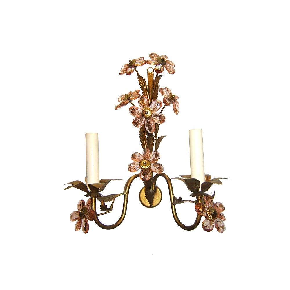 Pair of circa 1920's French sconces with pink crystal flowers.

Measurements:
Height: 12.5