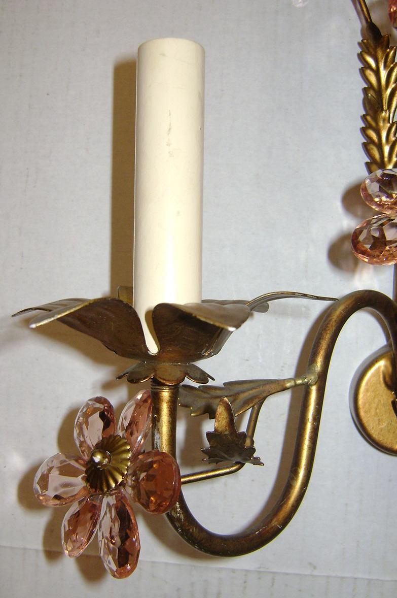 French Pair of Sconces with Crystal Flowers For Sale