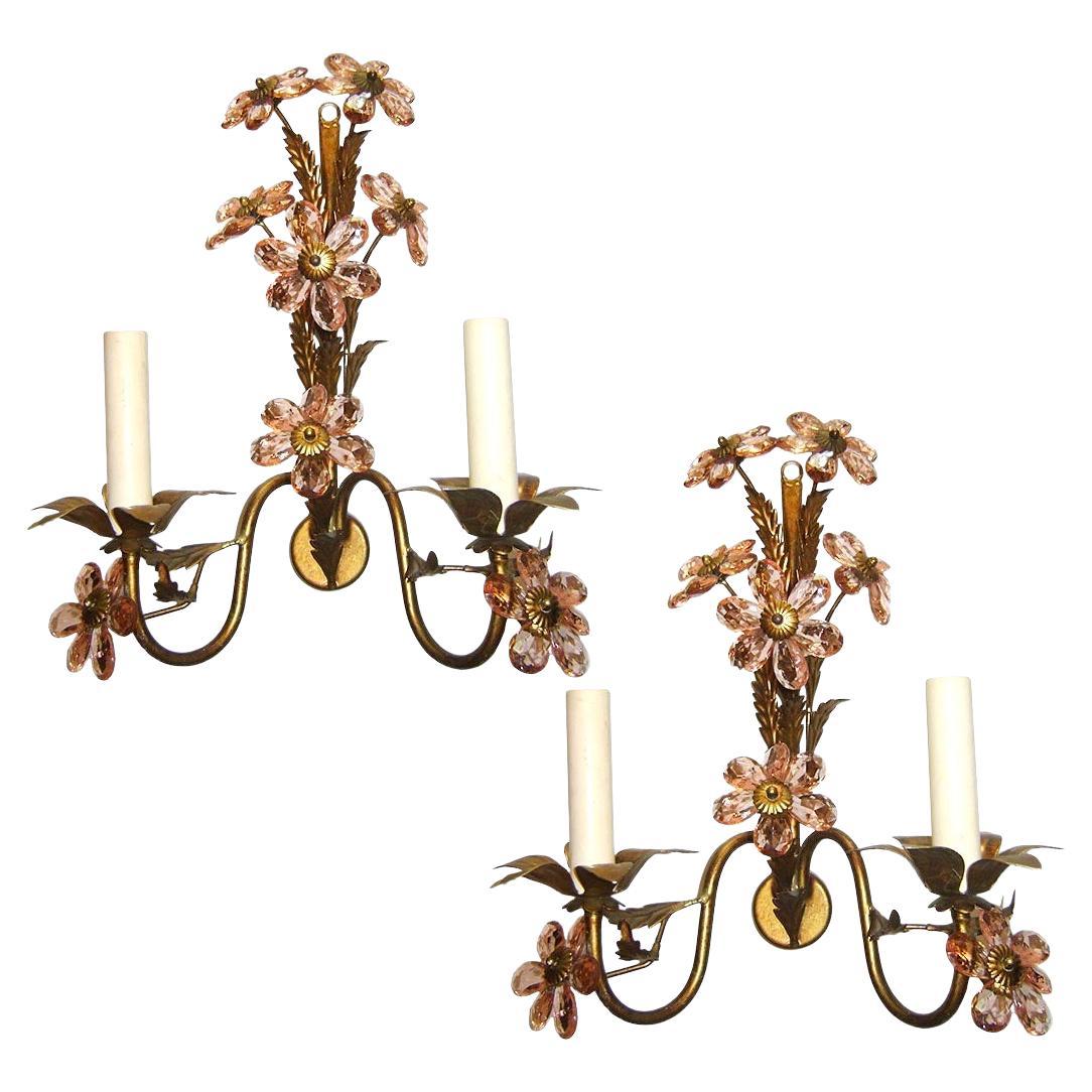Pair of Sconces with Crystal Flowers For Sale