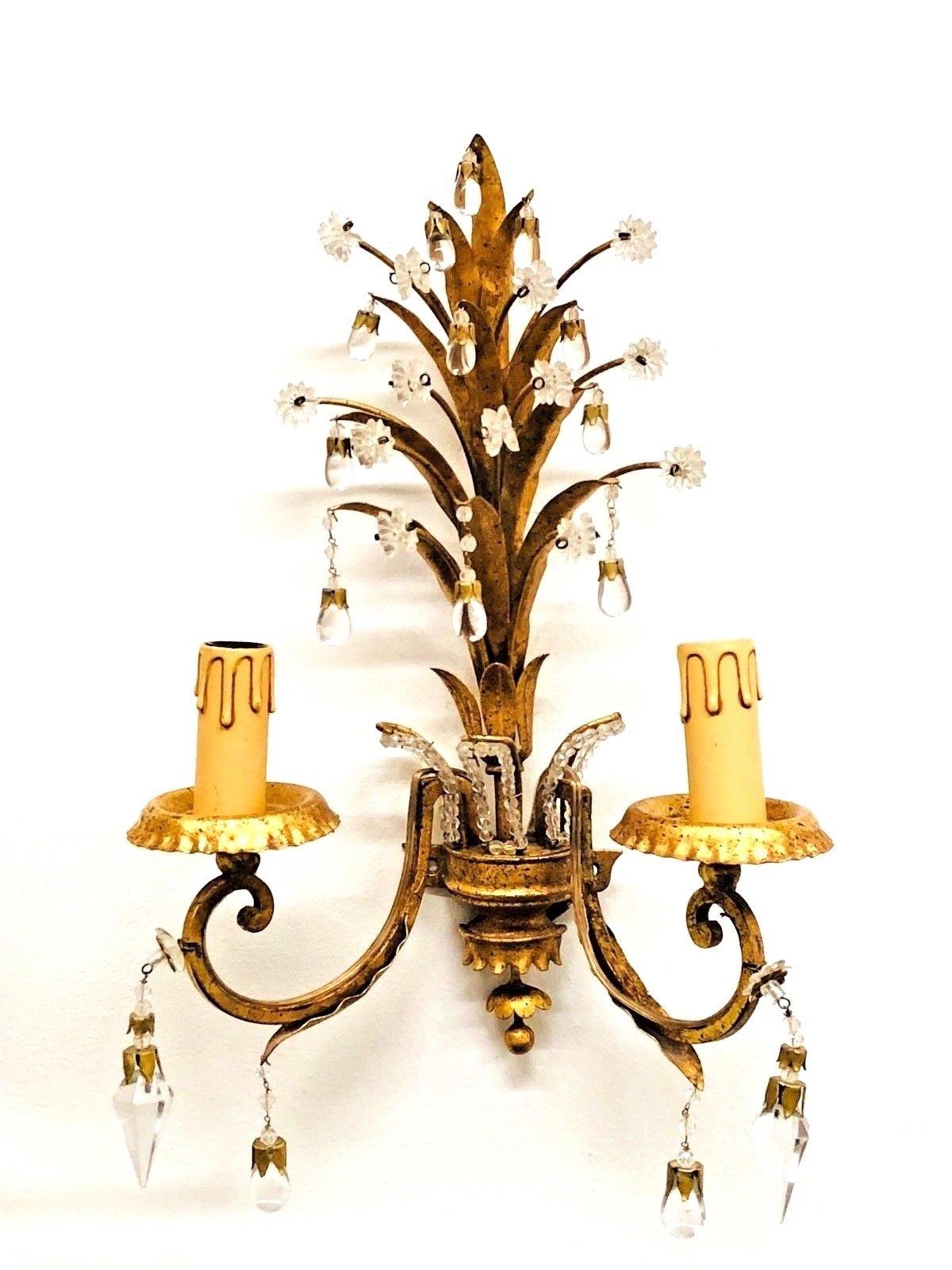 Hollywood Regency Pair of Sconces with Pineapple Leaves in the Style of Maison Baguès