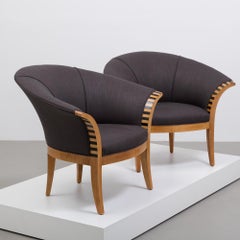Pair of Scooped Back Linen Upholstered Armchairs, 1990s