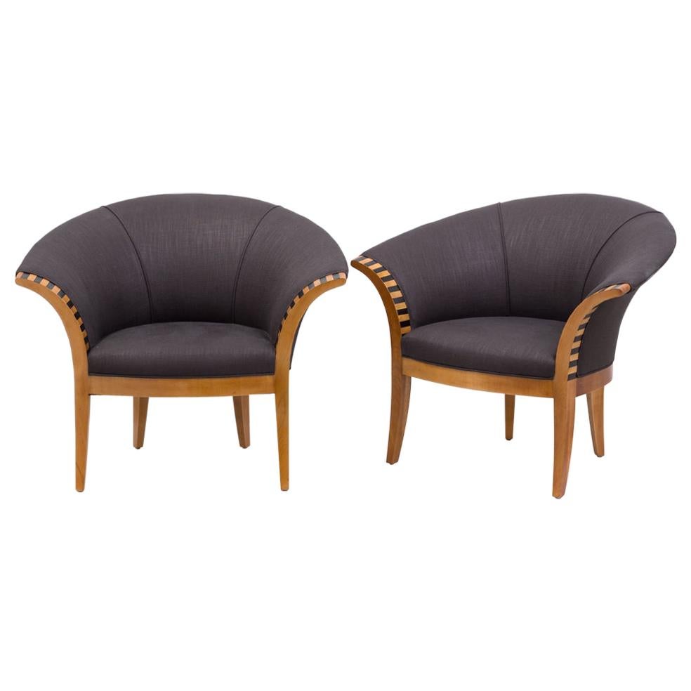 Pair of Scooped Back Linen Upholstered Armchairs, 1990s