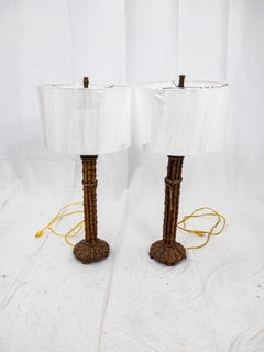 Pair of Scorched Bamboo Table Lamps with Linen Shades