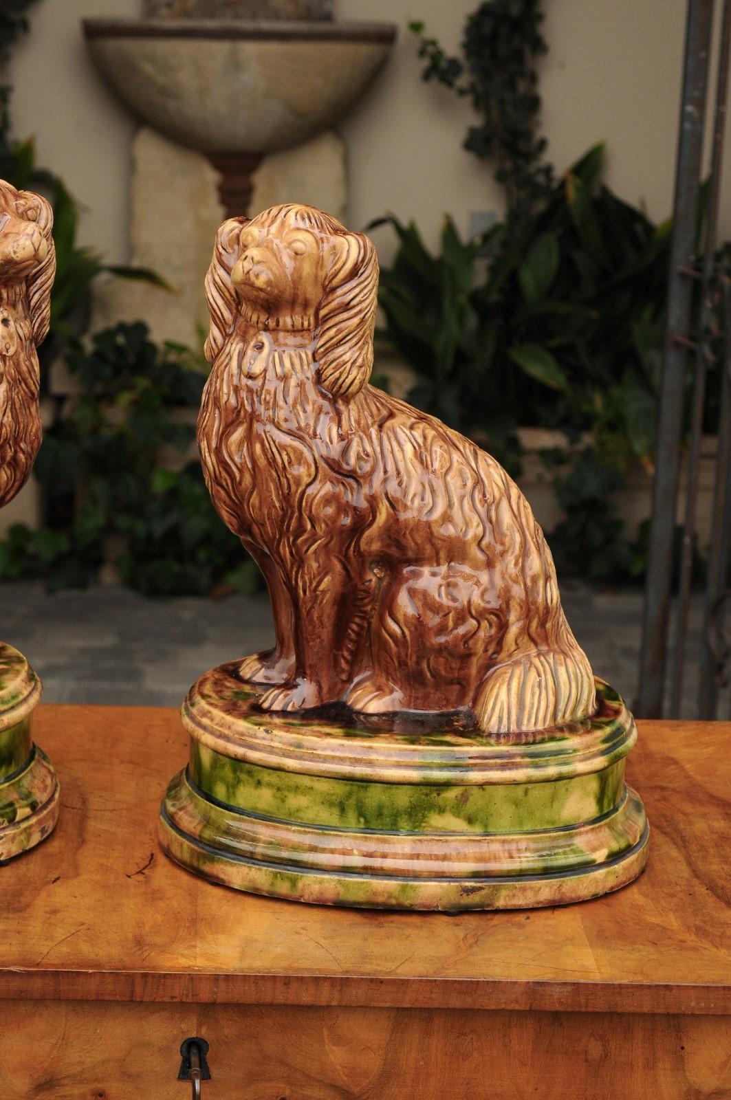 Pair of Scottish 1880s Brown Glazed Pottery Dog Sculptures Raised on Oval Bases 5