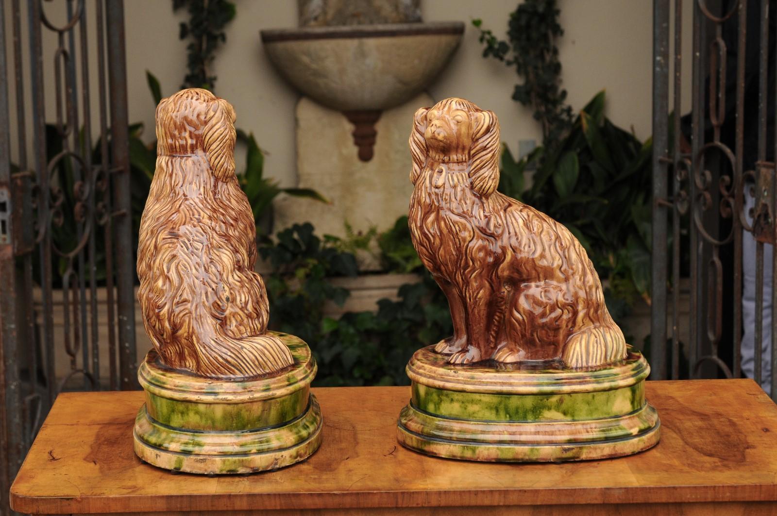 Pair of Scottish 1880s Brown Glazed Pottery Dog Sculptures Raised on Oval Bases 6