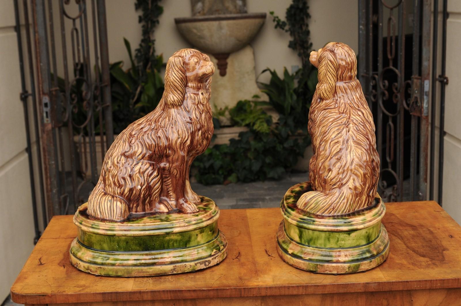 Pair of Scottish 1880s Brown Glazed Pottery Dog Sculptures Raised on Oval Bases 1