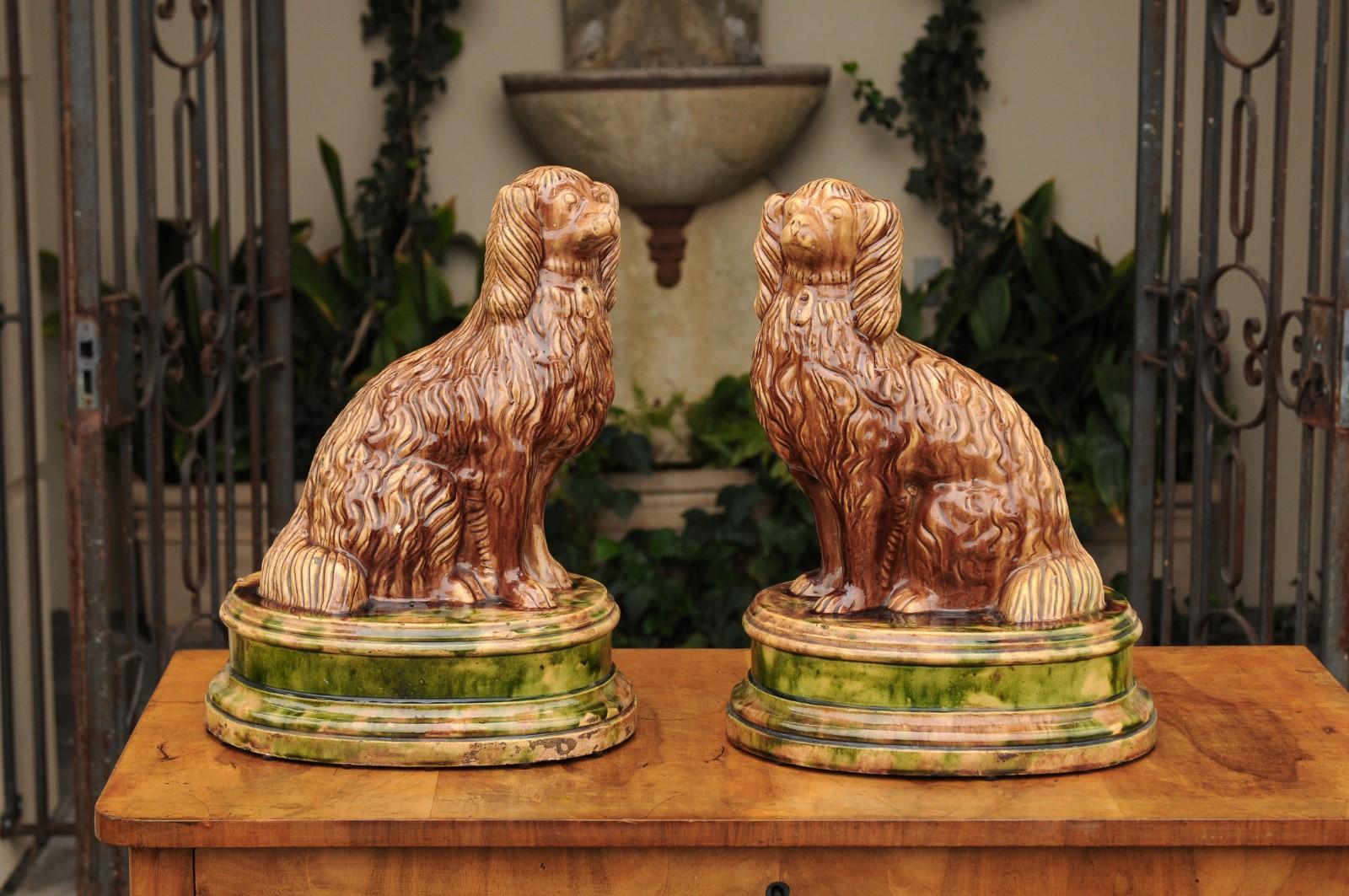 Pair of Scottish 1880s Brown Glazed Pottery Dog Sculptures Raised on Oval Bases 2