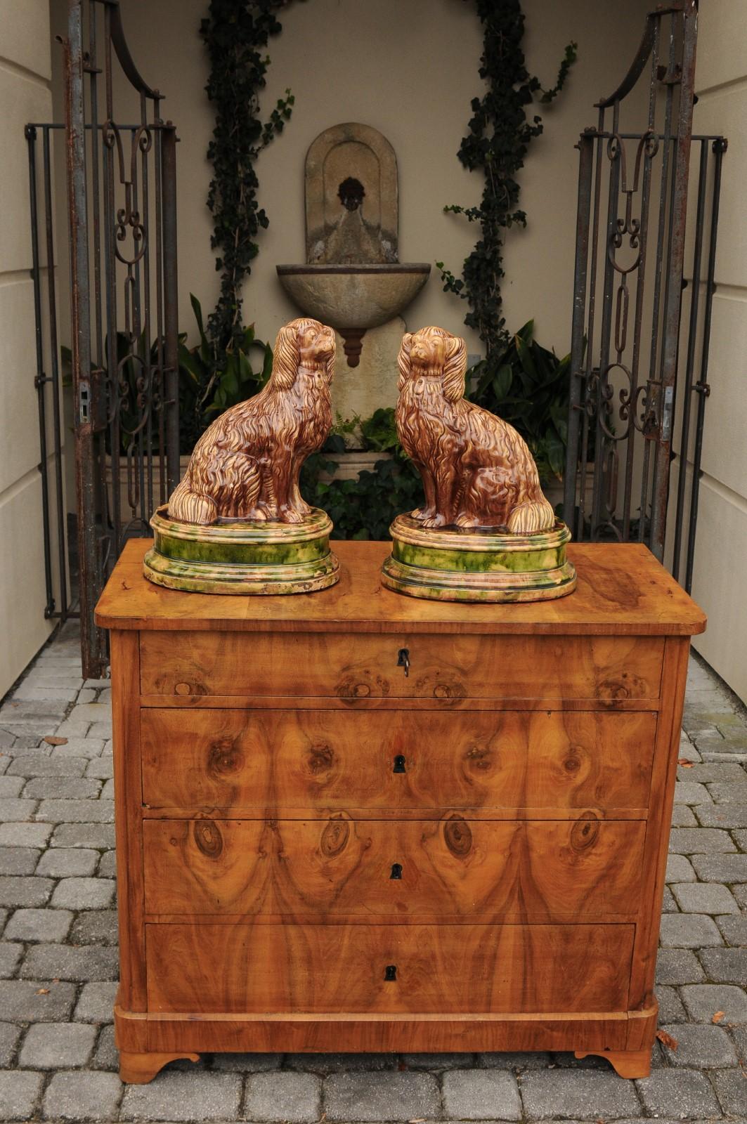 Pair of Scottish 1880s Brown Glazed Pottery Dog Sculptures Raised on Oval Bases 3