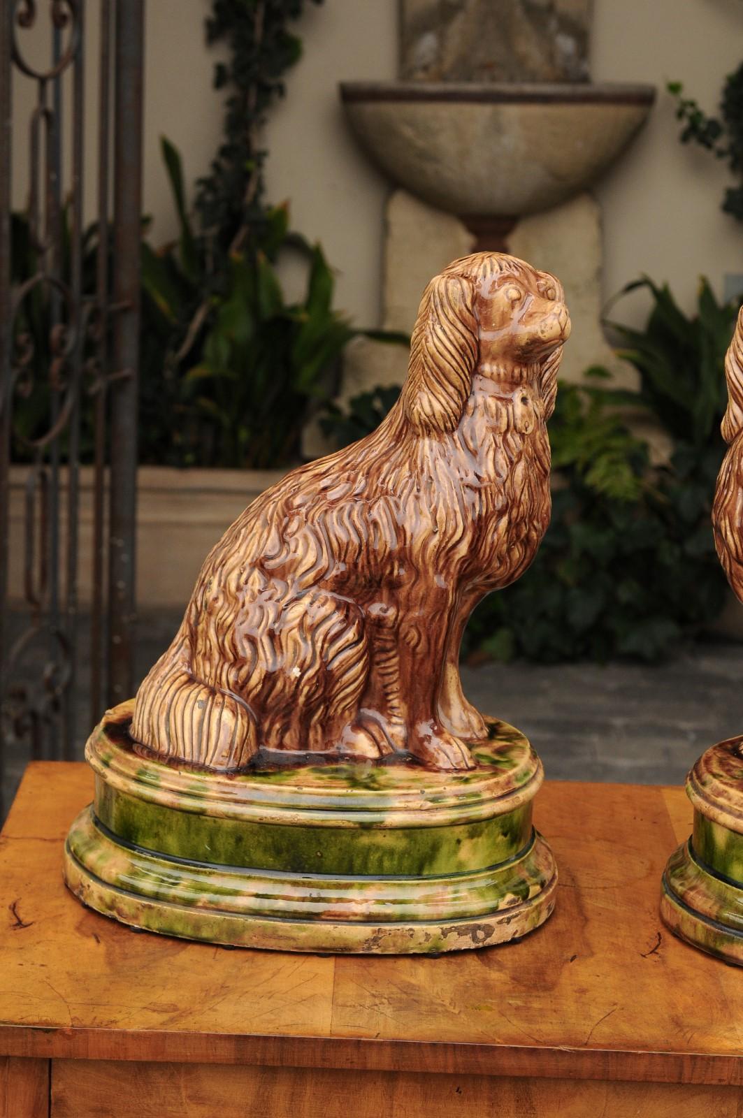 Pair of Scottish 1880s Brown Glazed Pottery Dog Sculptures Raised on Oval Bases 4