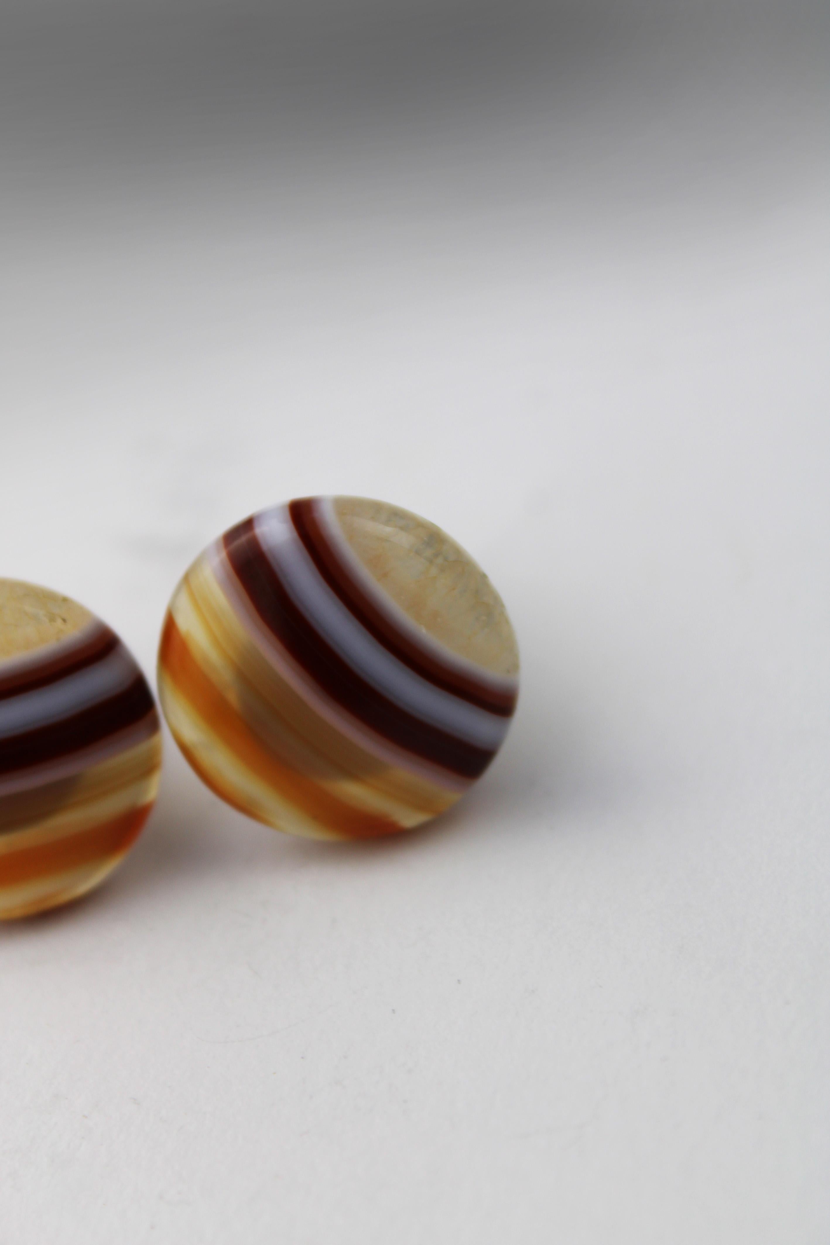 Metal Pair of Scottish Agate Cufflinks polished stone Art Deco 1900 Scotland