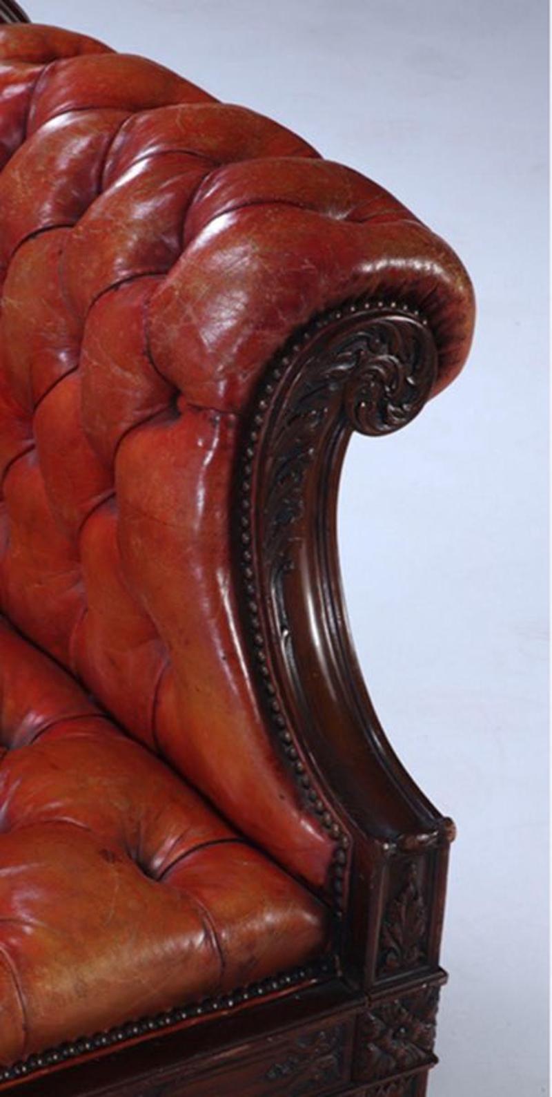 Pair of Scottish Georgian Style Carved Mahogany Leather Button Back Sofas 1