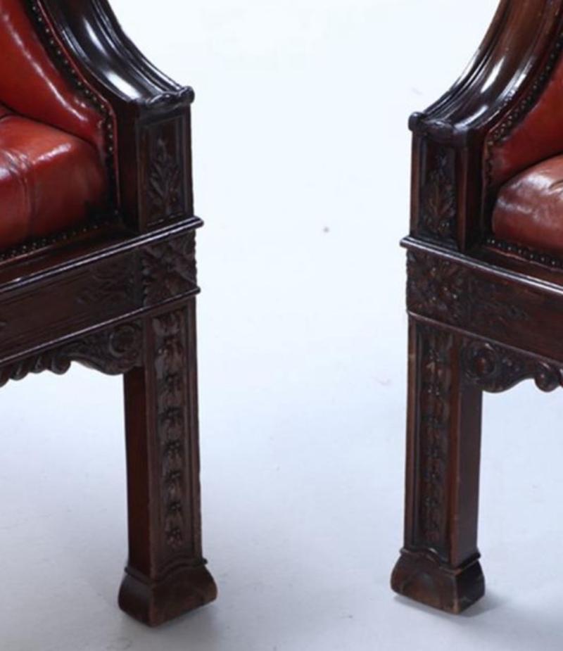 Pair of Scottish Georgian Style Carved Mahogany Leather Button Back Sofas 2