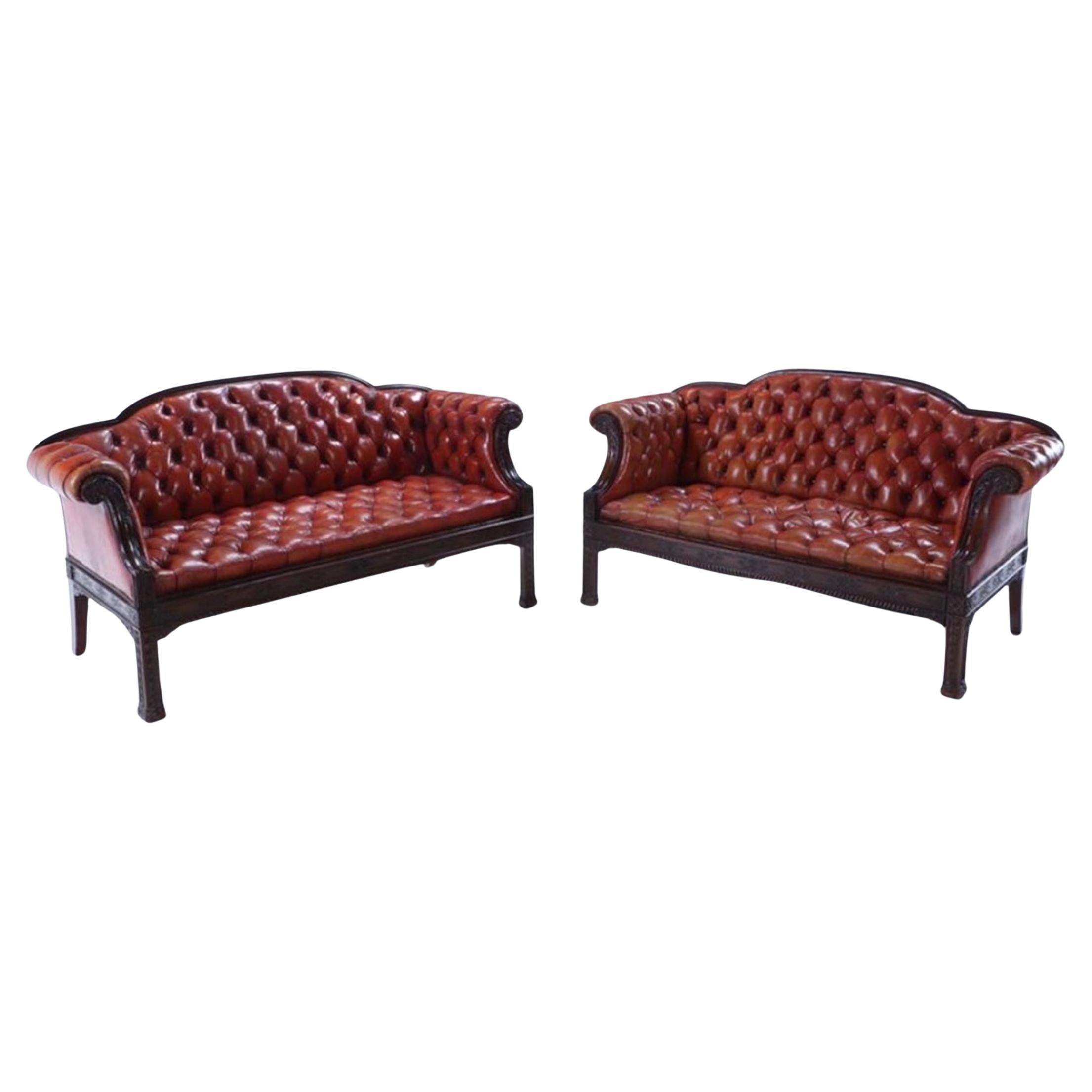 Pair of Scottish Georgian Style Carved Mahogany Leather Button Back Sofas