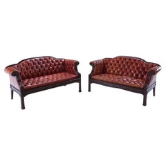 Antique Pair of Scottish Georgian Style Carved Mahogany Leather Button Back Sofas