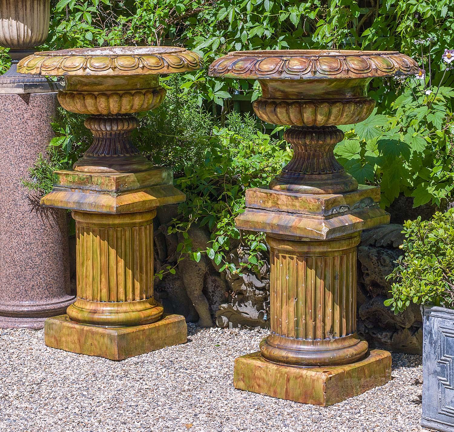 Pair of Scottish Glazed Stonewear Campan Style Garden Urns In Good Condition In London, GB