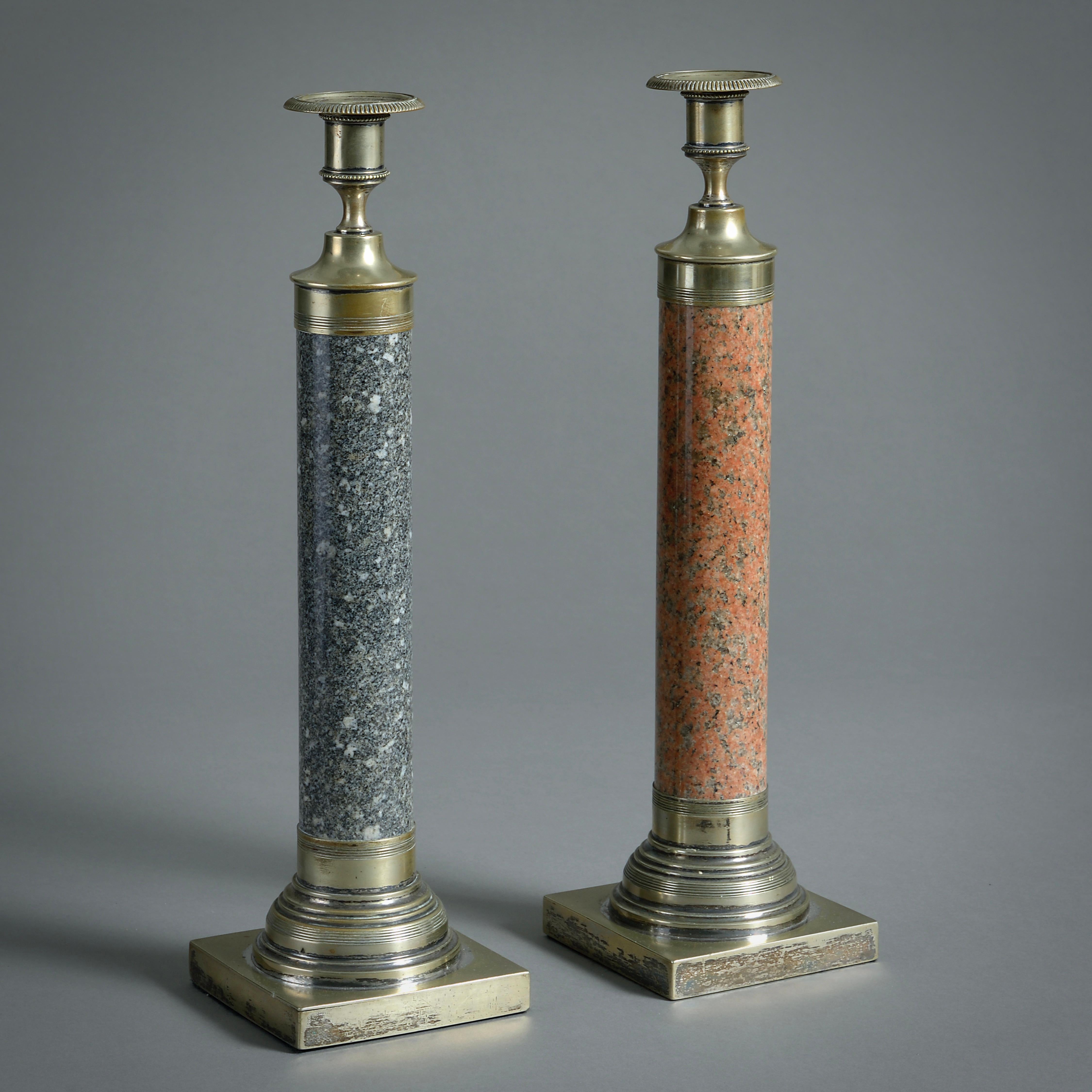 Pärchen schottischer Kerzenhalter aus Granit und Silber, CIRCA 1880.