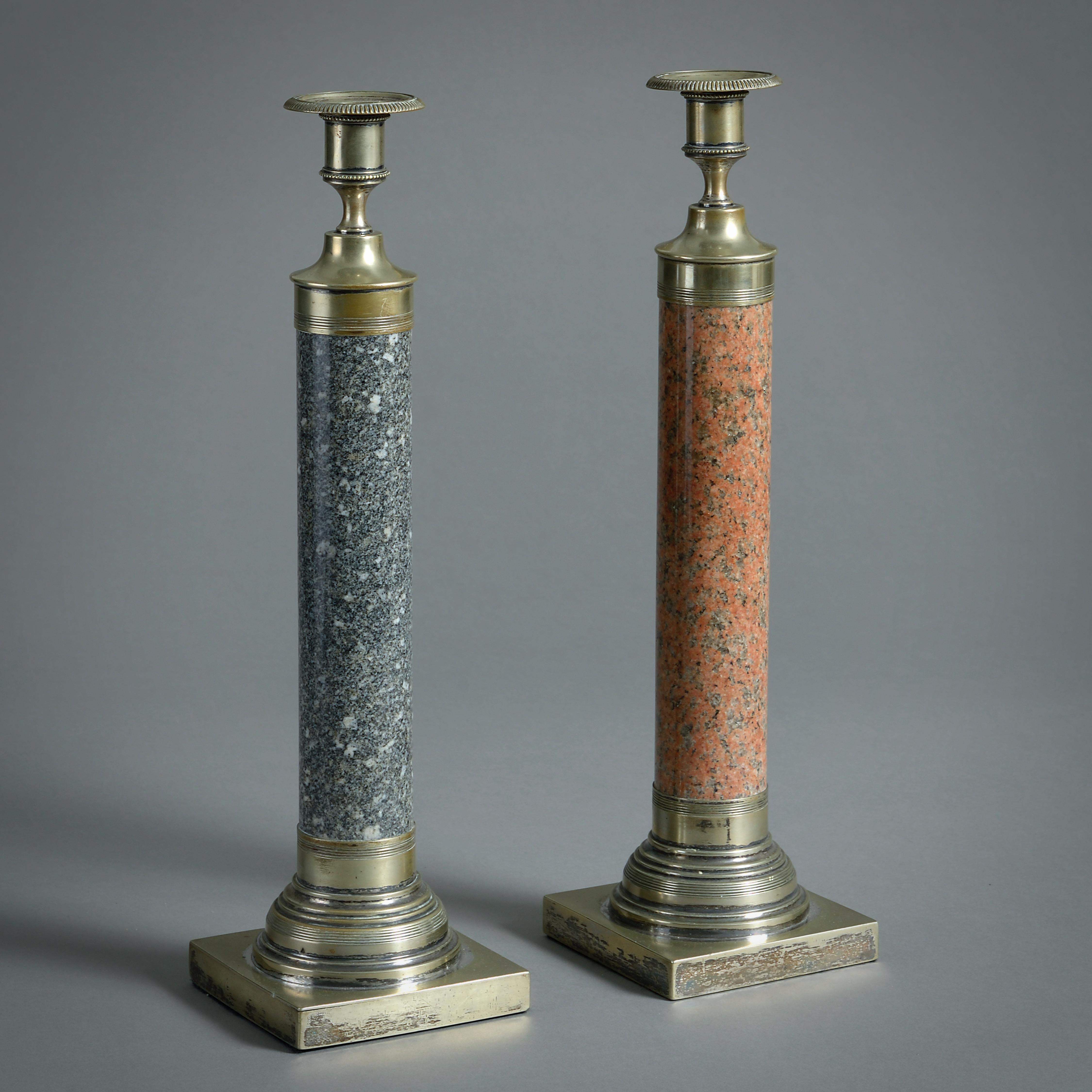 Silver Plate Pair of Scottish Granite and Silver-plate Candlesticks For Sale