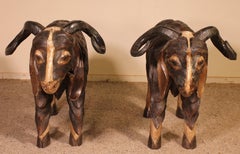 Pair of Scottish Ram in Polychrome Wood, 19 Century