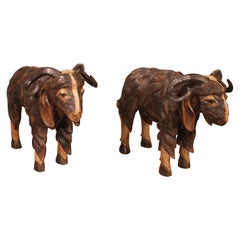 Antique Pair of Scottish Ram in Polychrome Wood, 19 Century