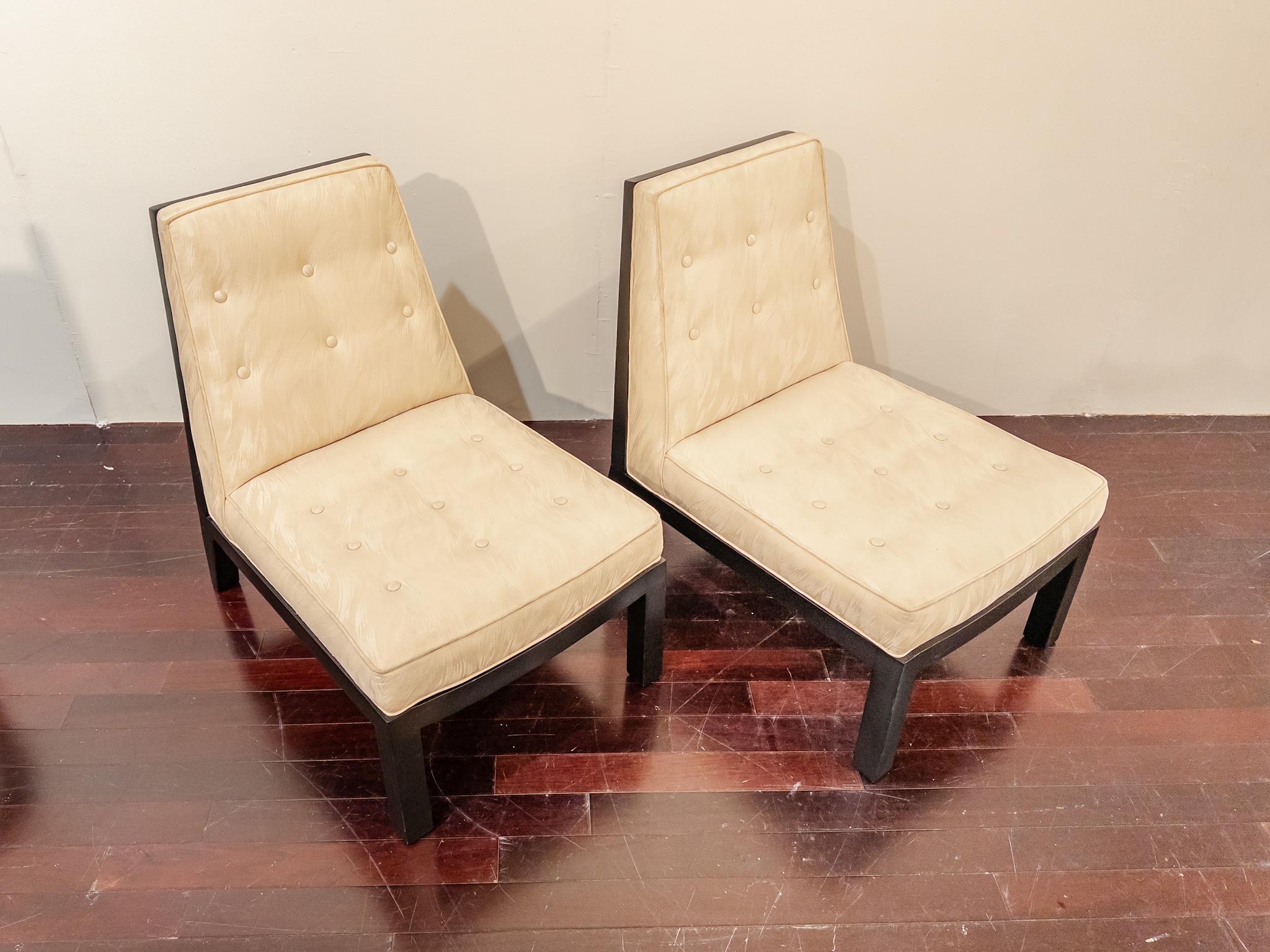 Ebonized Pair of Screen Back Slipper Chairs in Style of Edward Wormley For Sale