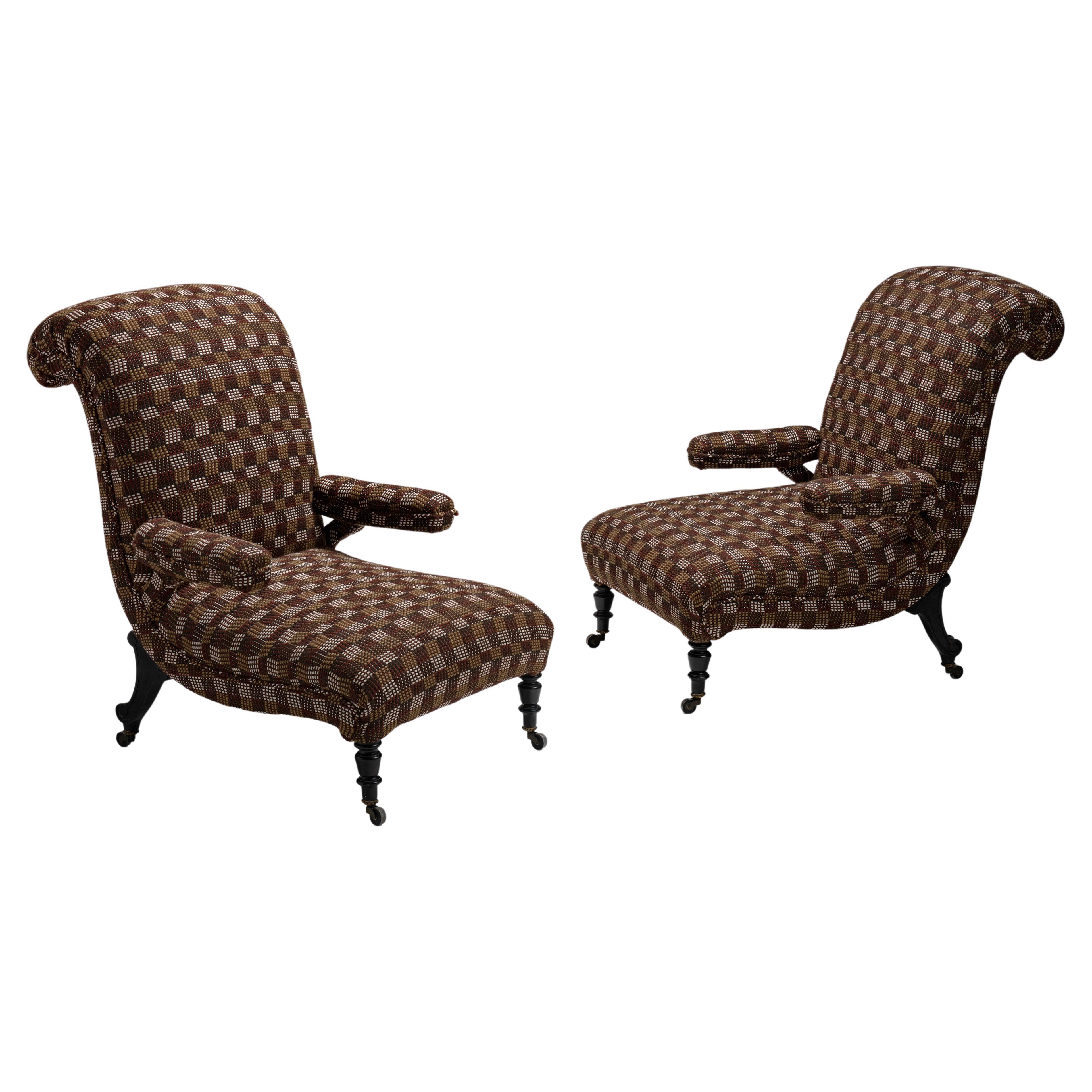 Pair of Scroll Back Armchairs in Wool Blend from Pierre Frey, France, Circa 1890