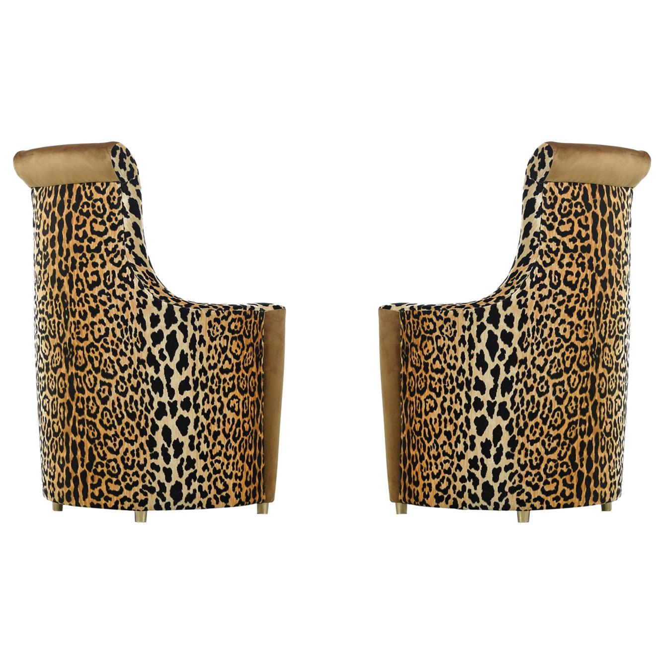 Pair of Scroll Headrest Neo Deco Velvet Leopard Print High Back