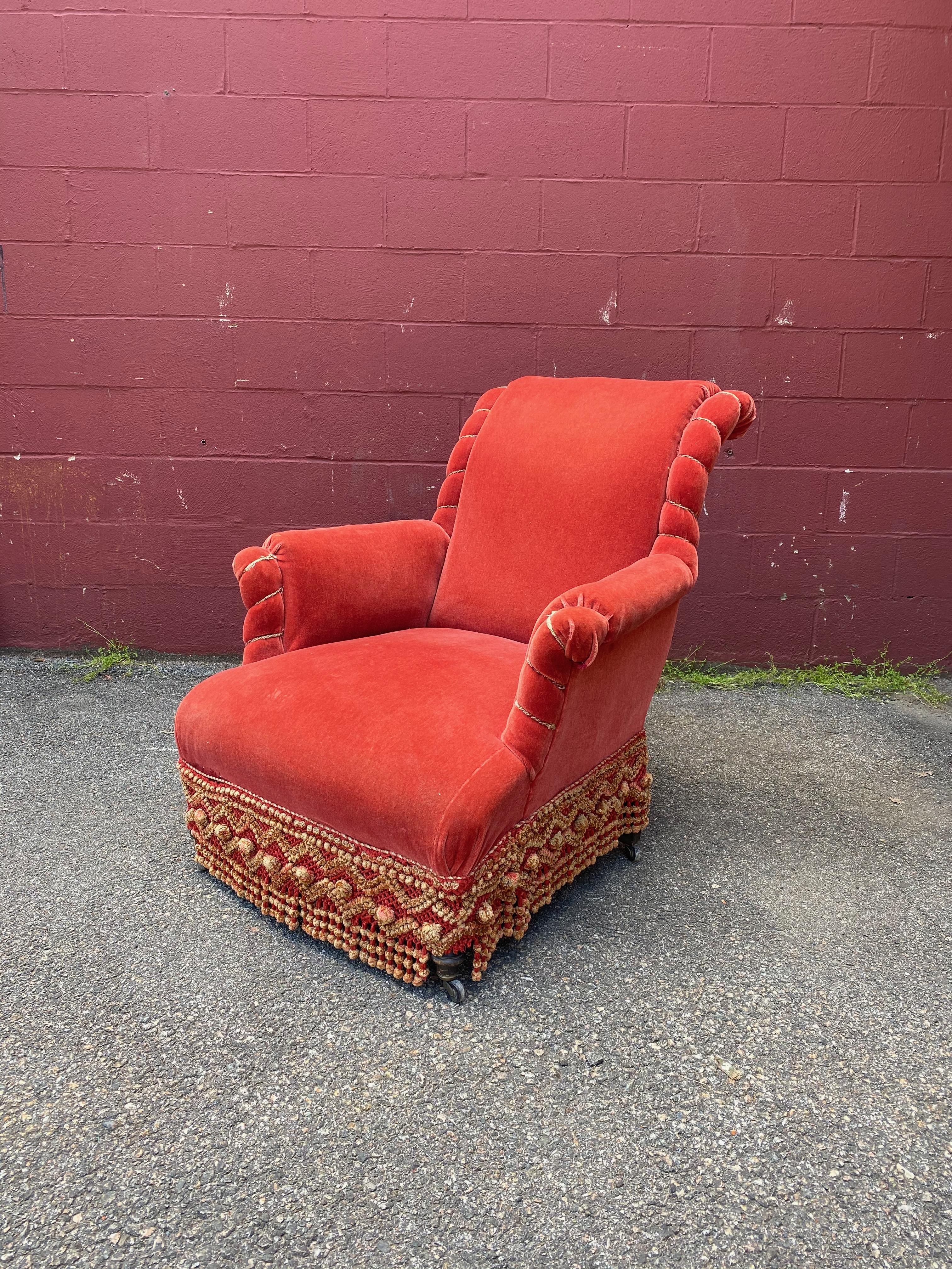 Pair of Scrolled Back Napoleon III Armchairs in Persimmon Velvet In Fair Condition In Buchanan, NY