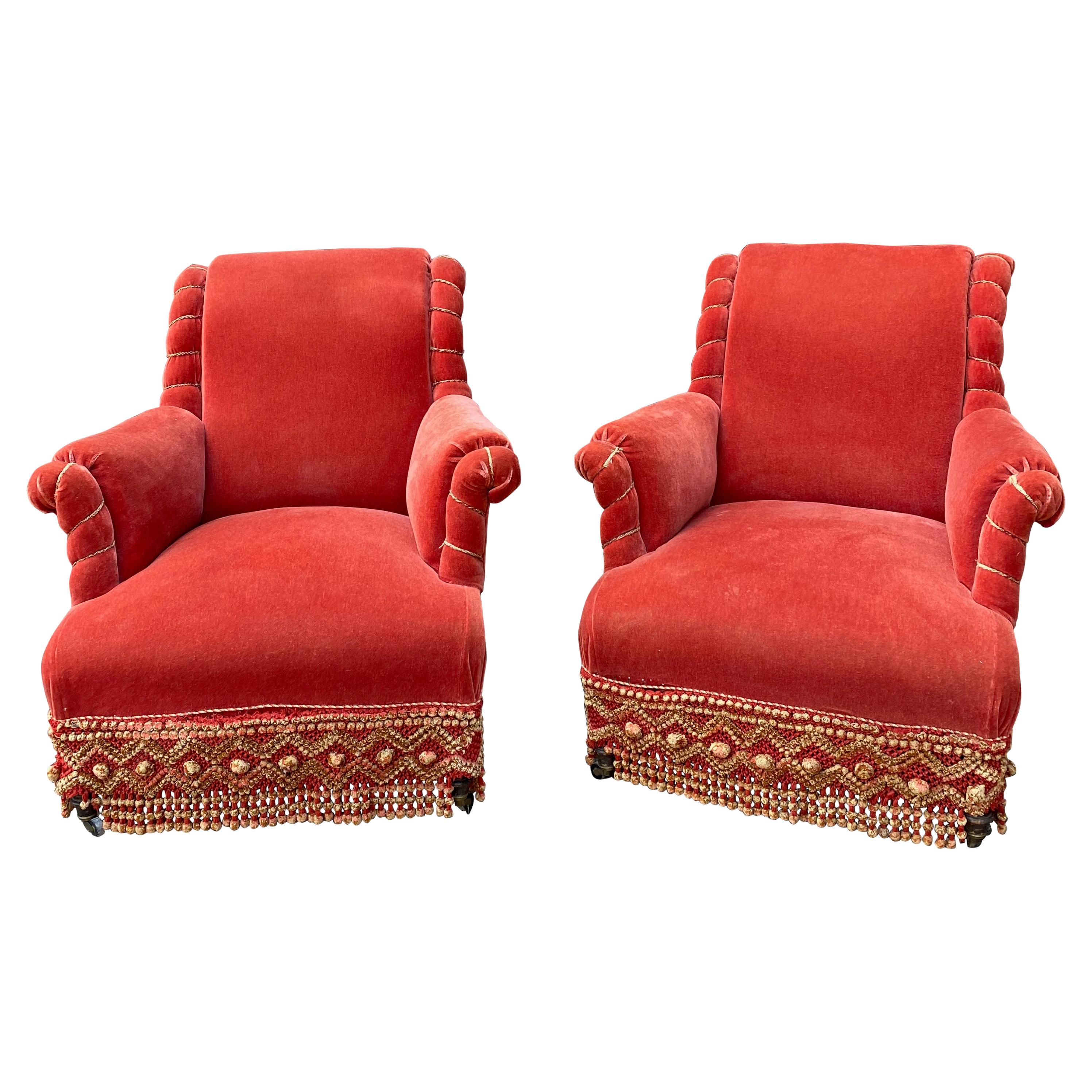 Pair of Scrolled Back Napoleon III Armchairs in Persimmon Velvet
