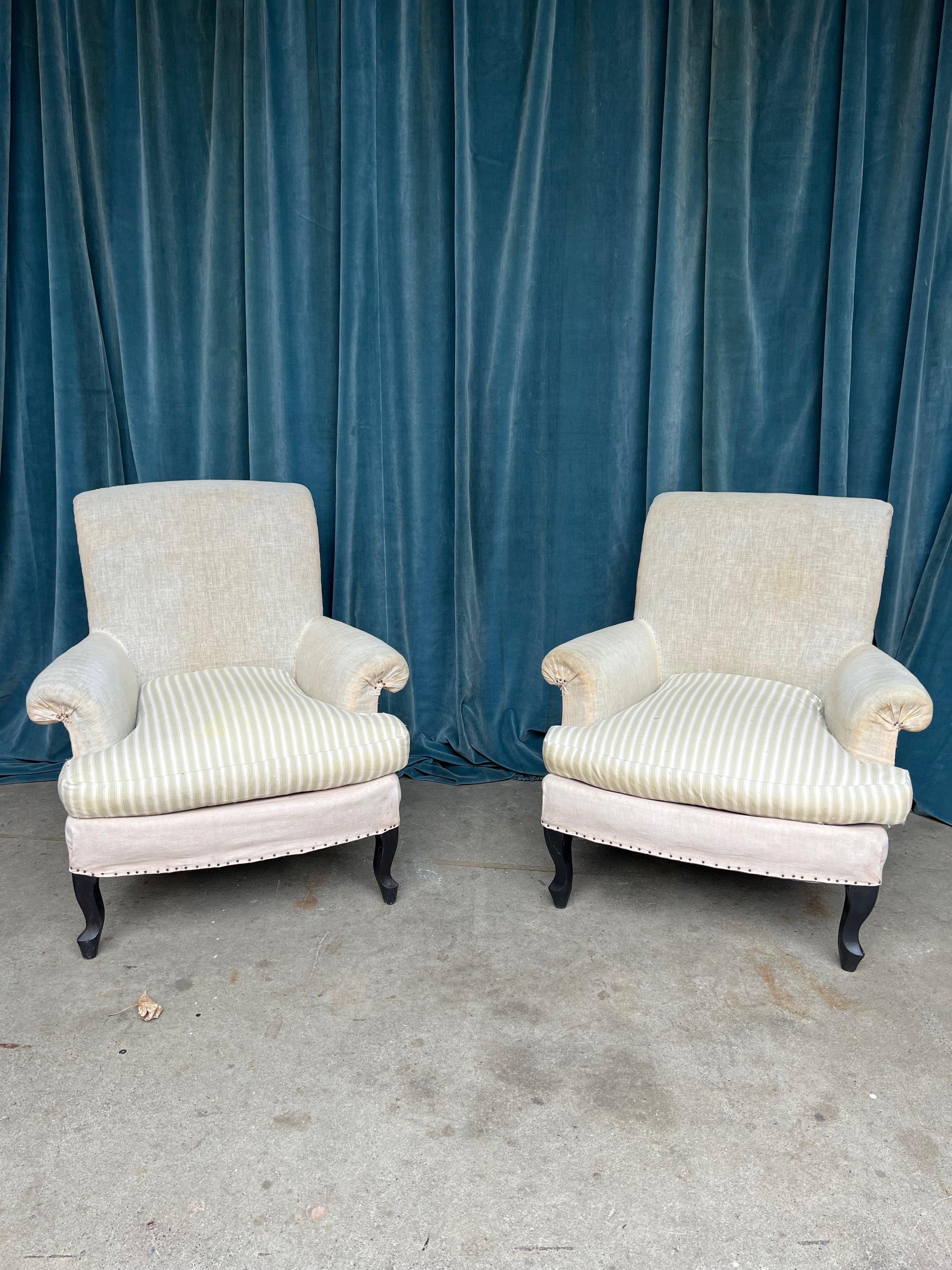 French Pair of Scrolled Back Napoleon III Armchairs with Loose Seat Cushions For Sale