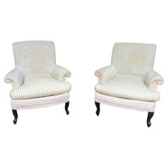 Antique Pair of Scrolled Back Napoleon III Armchairs with Loose Seat Cushions