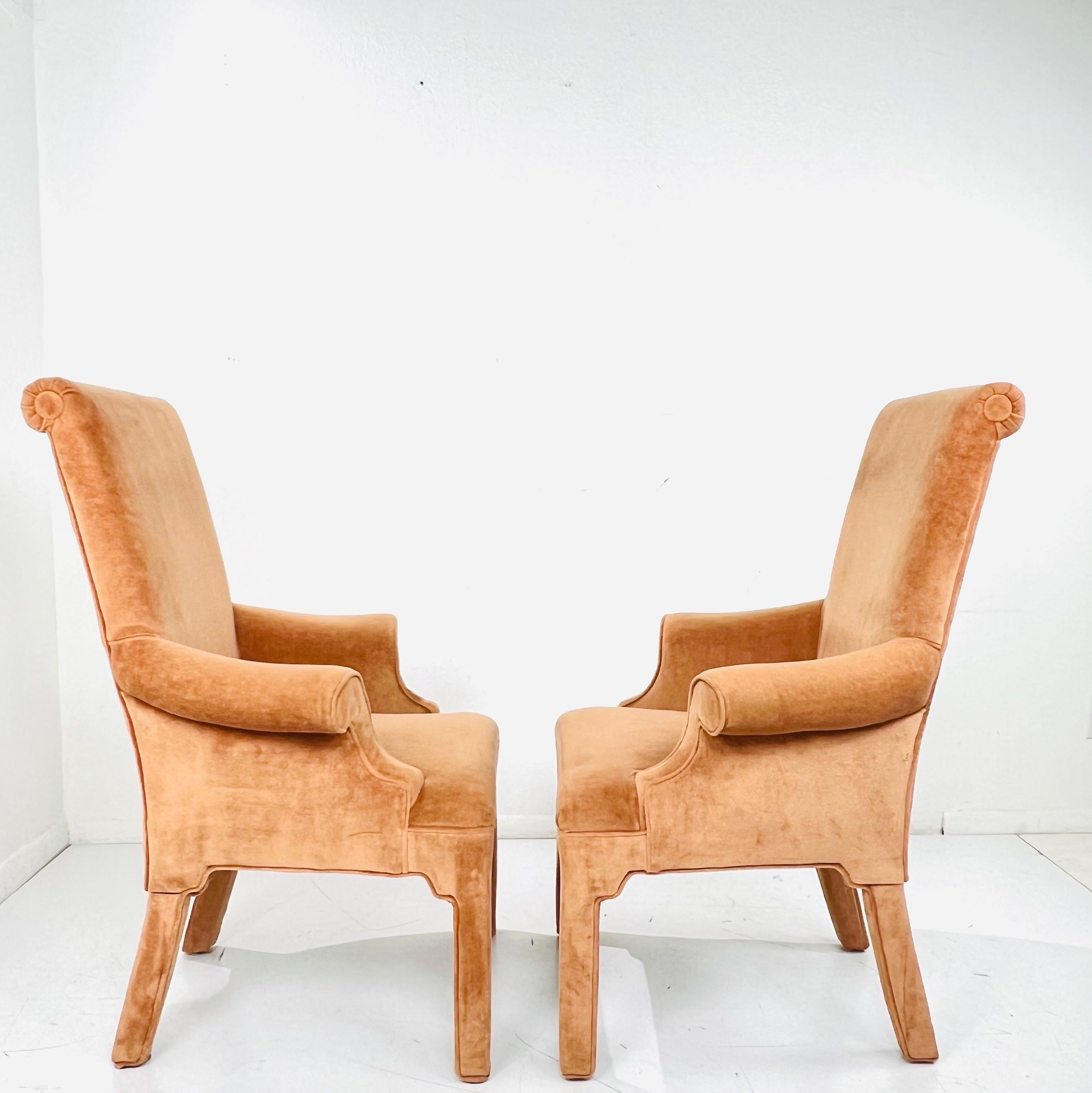 Late 20th Century Pair of Scrolled Rollback Parsons Armchairs in the Style of Milo Baughman For Sale