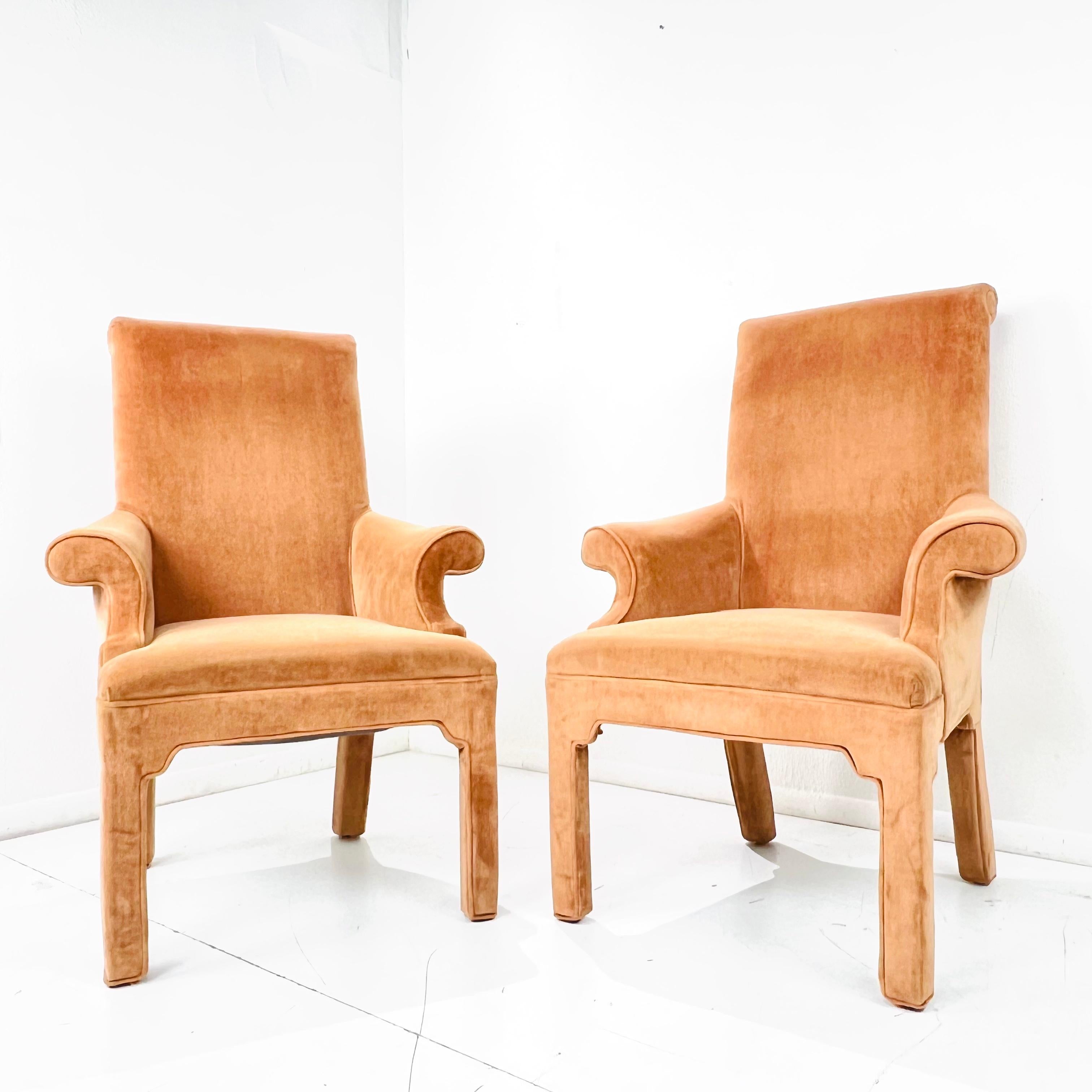 Velvet Pair of Scrolled Rollback Parsons Armchairs in the Style of Milo Baughman For Sale
