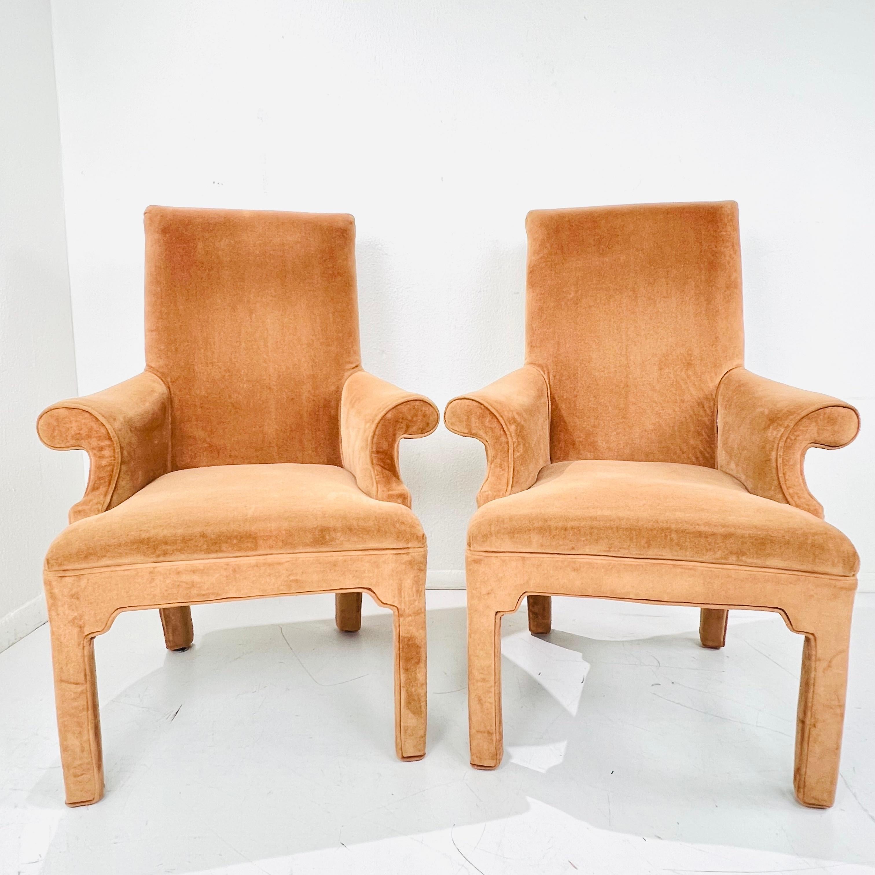 Pair of Scrolled Rollback Parsons Armchairs in the Style of Milo Baughman For Sale 1