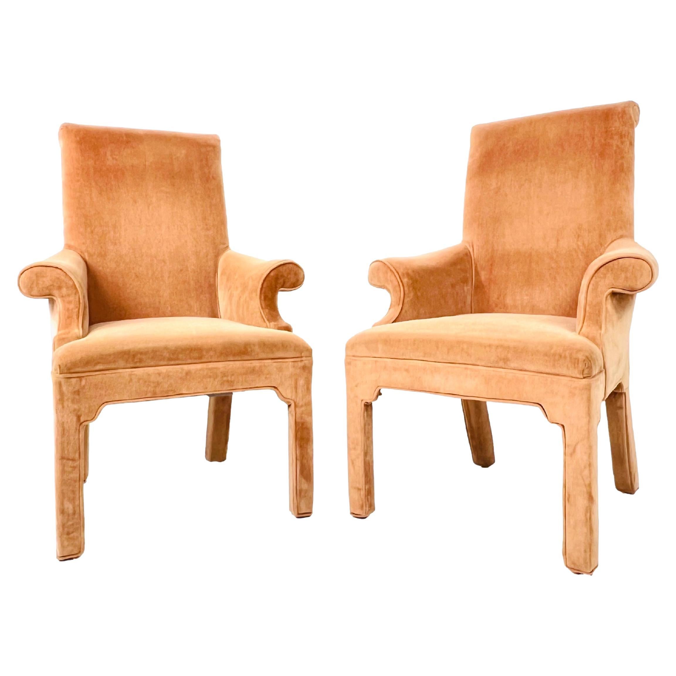 Pair of Scrolled Rollback Parsons Armchairs in the Style of Milo Baughman