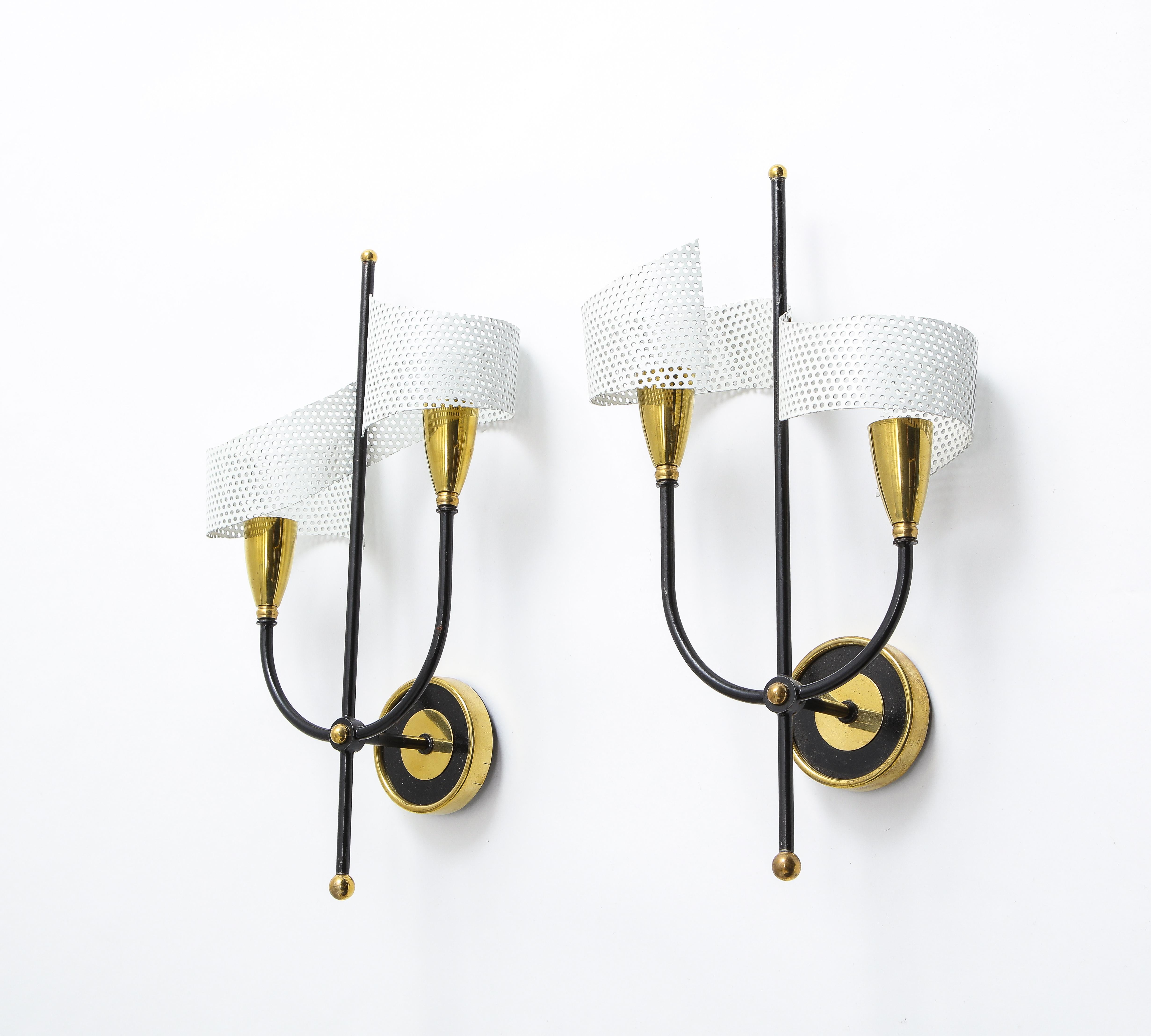 Mid-Century Modern Pair of Scrolled Sconces in Brass and Aluminium by Mathieu, France, 1950s For Sale