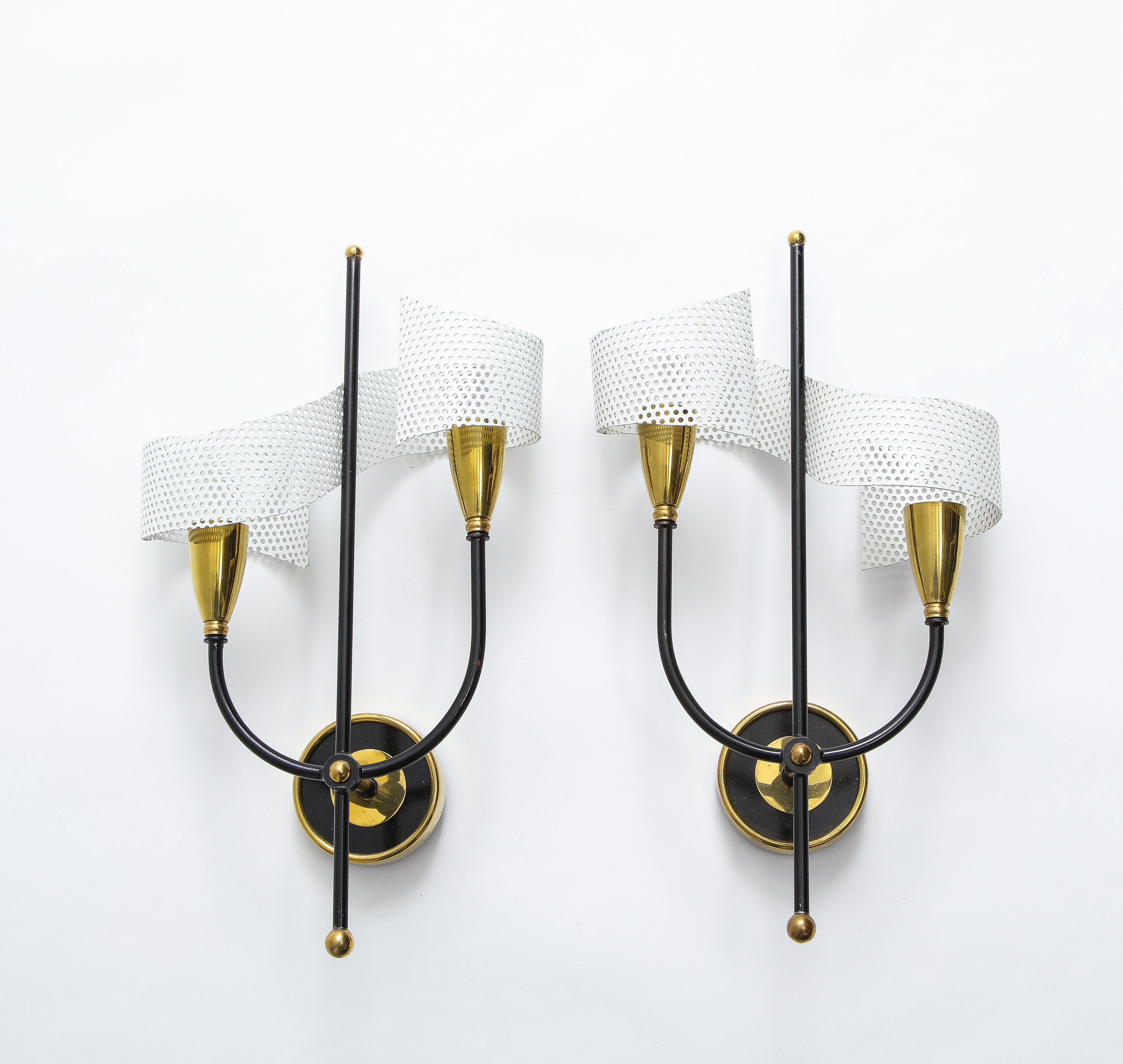 French Pair of Scrolled Sconces in Brass and Aluminium by Mathieu, France, 1950s For Sale