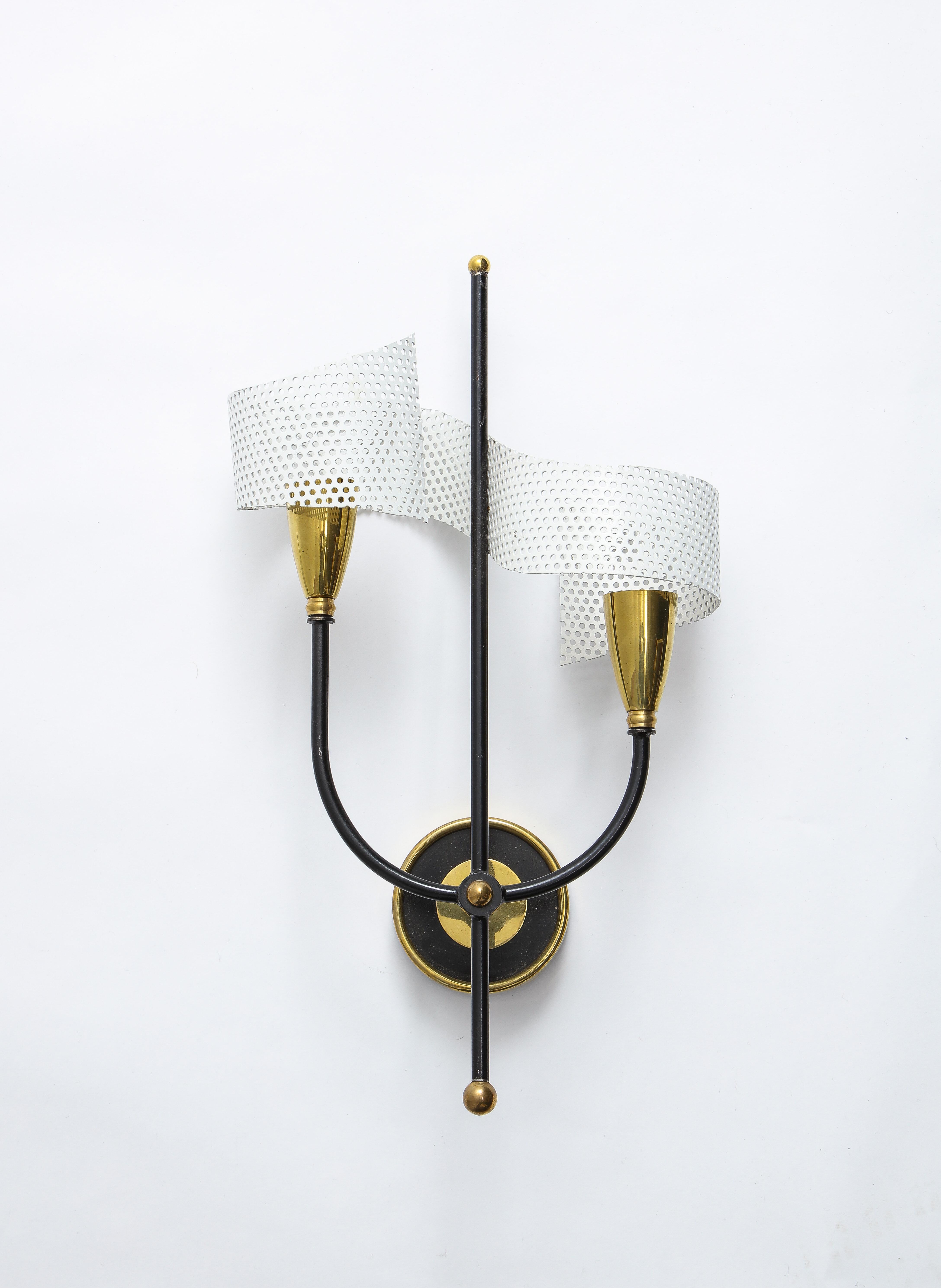 20th Century Pair of Scrolled Sconces in Brass and Aluminium by Mathieu, France, 1950s For Sale