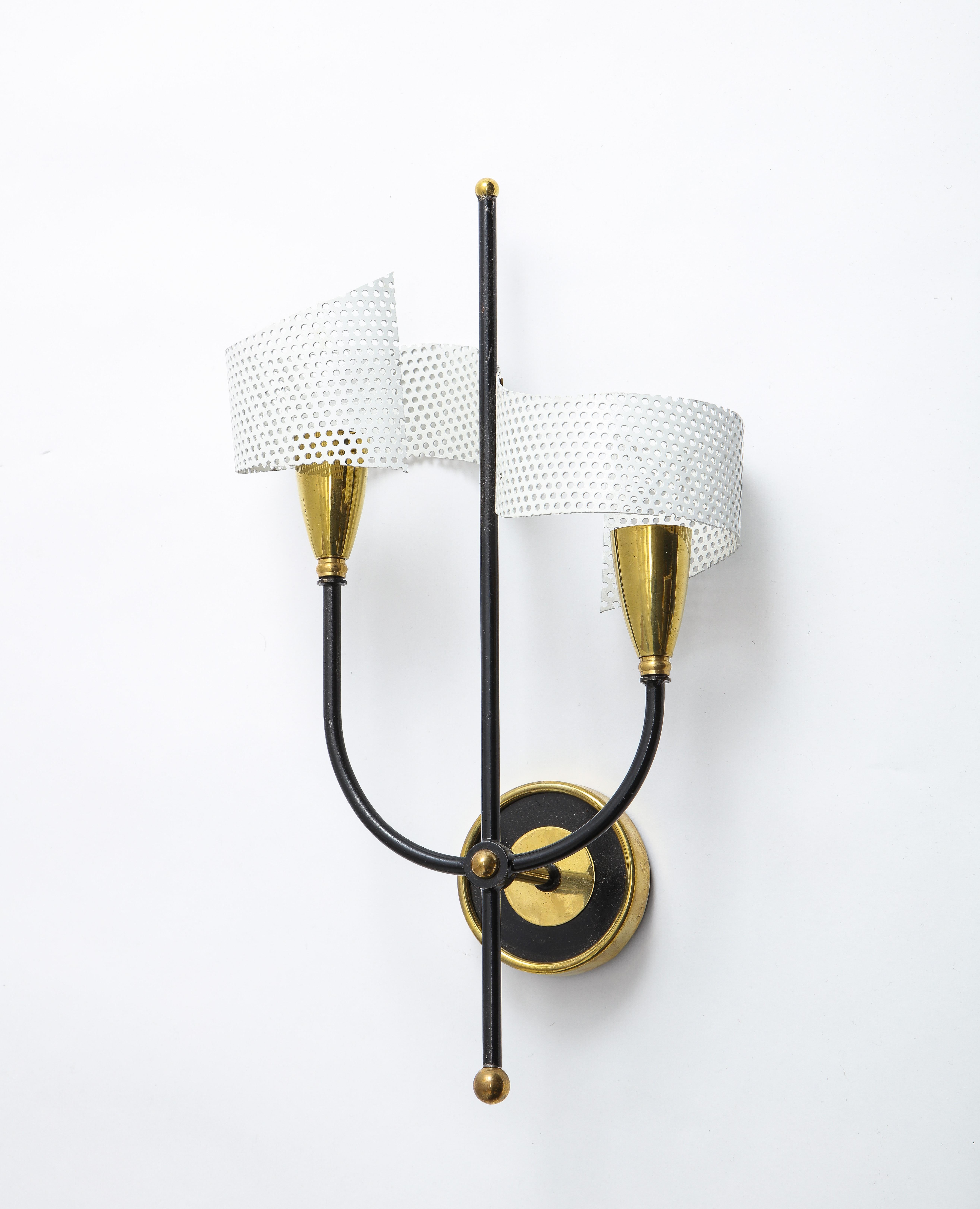 Aluminum Pair of Scrolled Sconces in Brass and Aluminium by Mathieu, France, 1950s For Sale