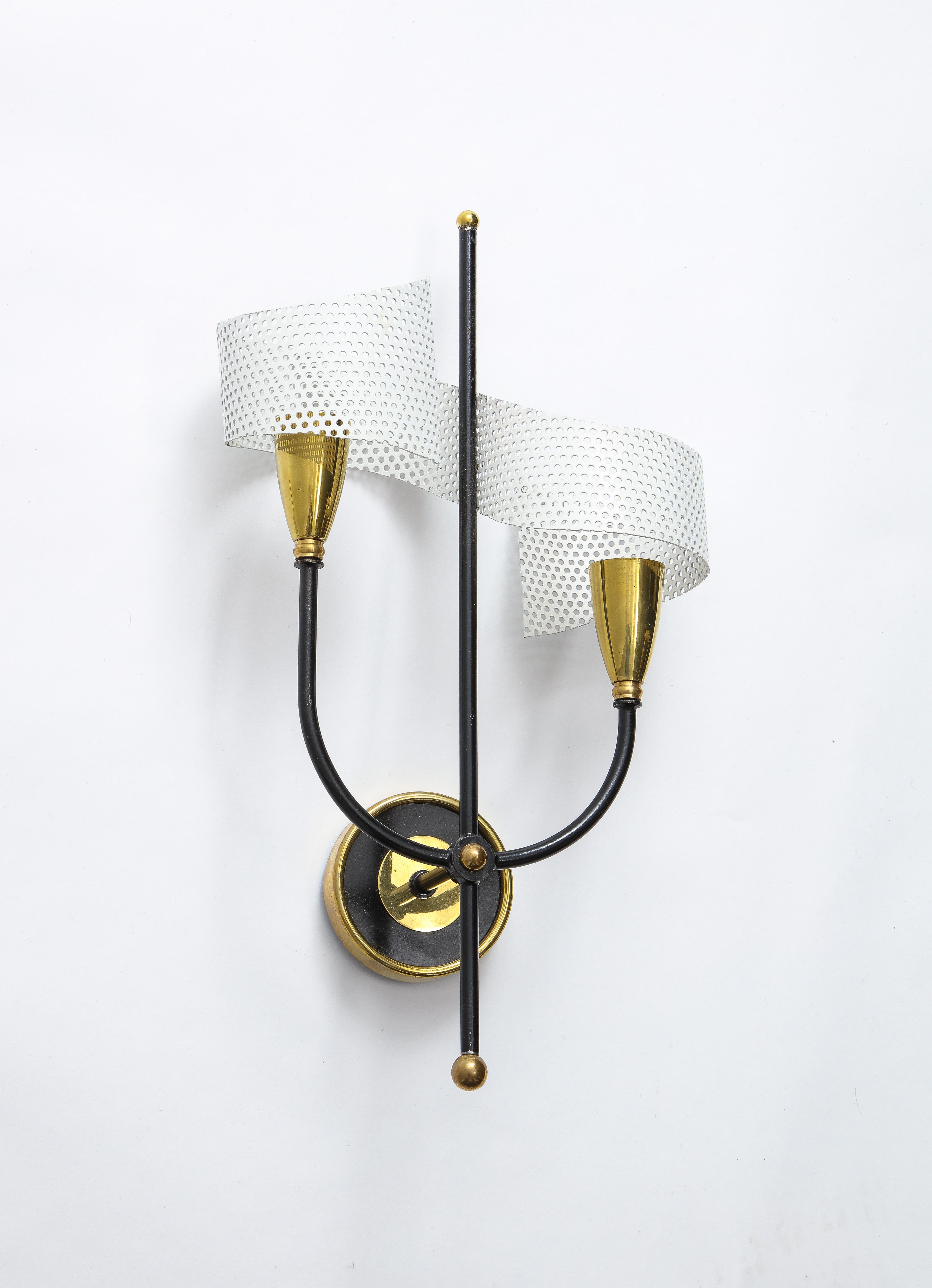Pair of Scrolled Sconces in Brass and Aluminium by Mathieu, France, 1950s For Sale 1