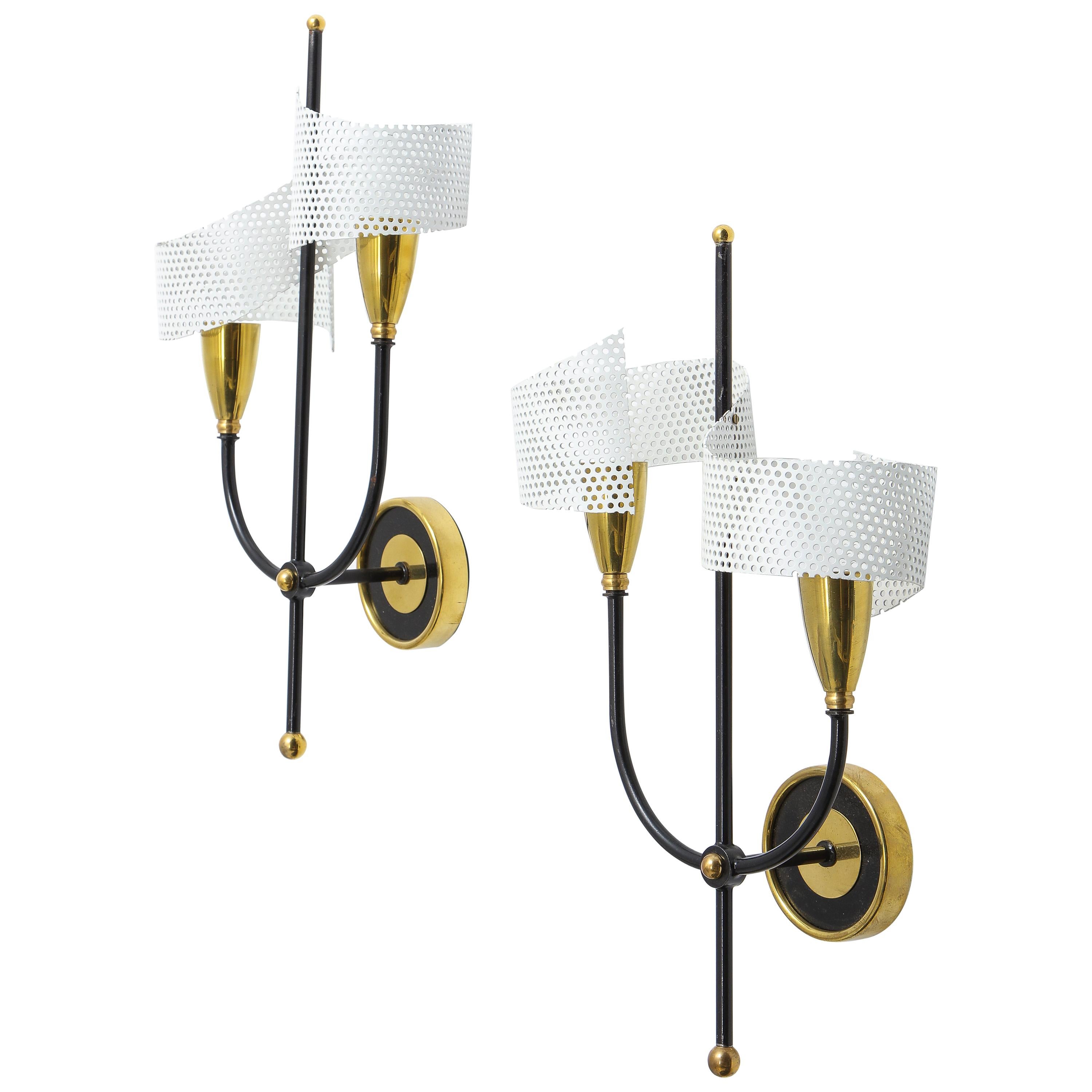 Pair of Scrolled Sconces in Brass and Aluminium by Mathieu, France, 1950s For Sale