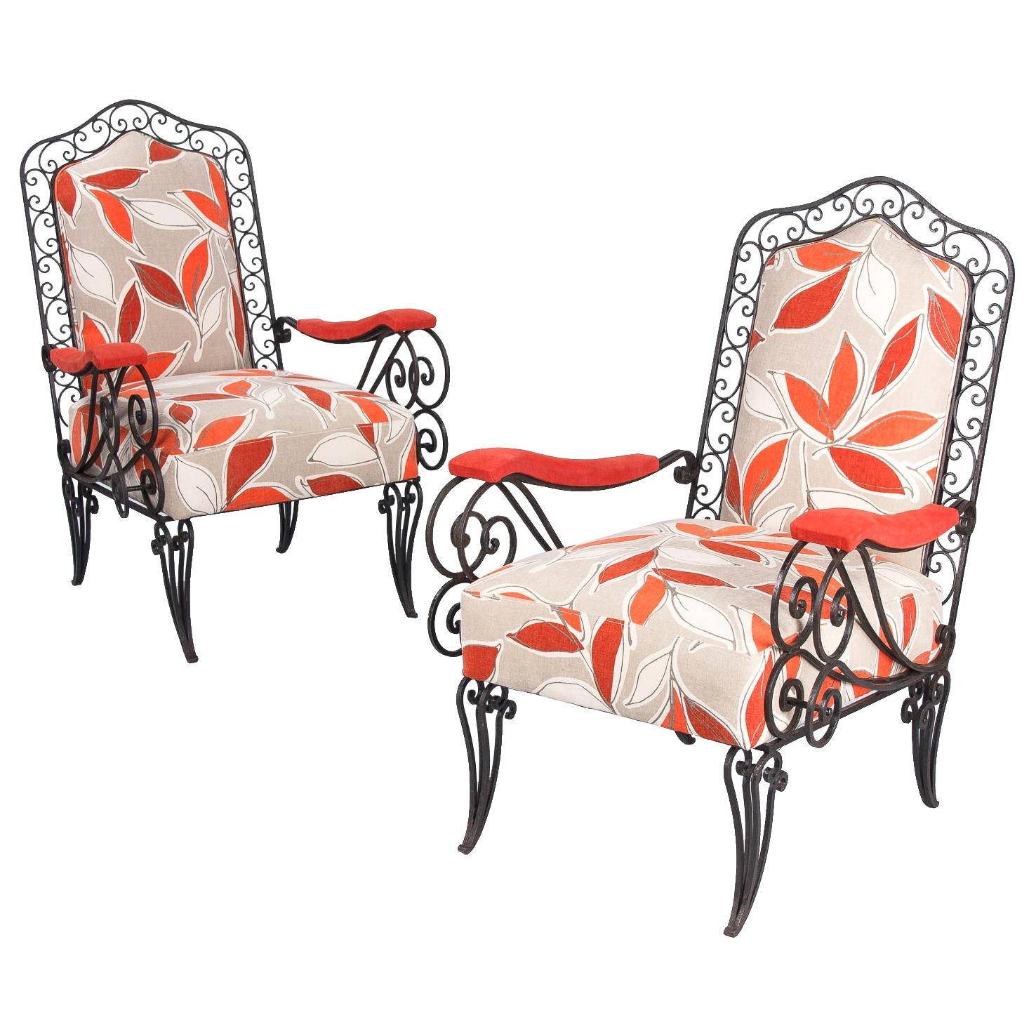 Pair of French Wrought Iron Armchairs with Red Leaf Upholstery, 1940s