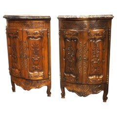 Pair of Sculpted Antique Walnut Corner Cabinets from Provence, France, C. 1900