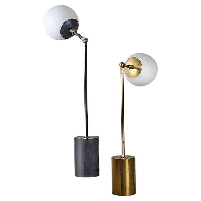 Pair of Sculpted Brass & Glass Table Lamps, Tango One Globe by Paul Matter For Sale