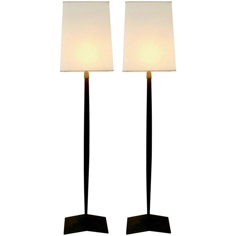 Pair of Sculpted Bronze and Mahogany Floor Lamps For Sale