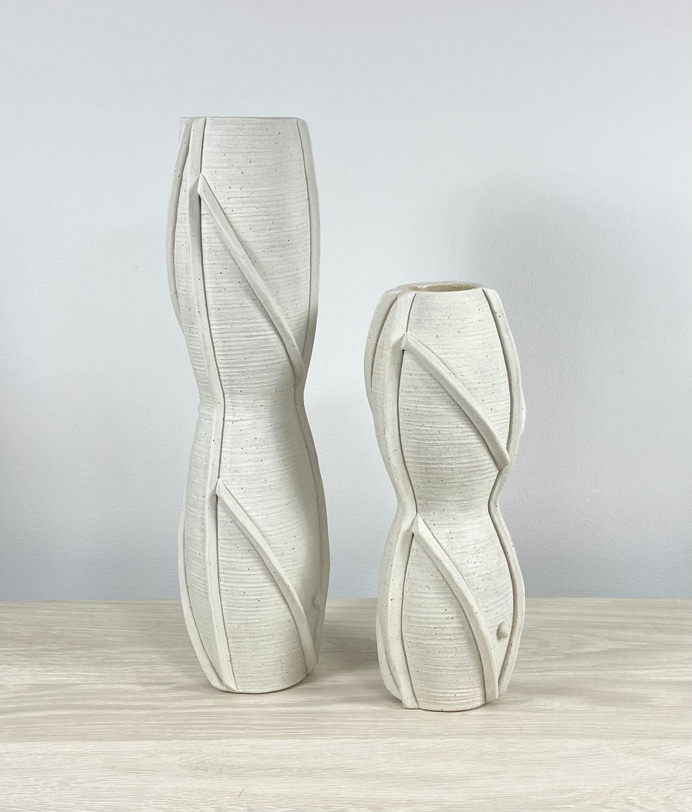 Hand-Carved Pair of Sculpted Ceramic Vases by Titia Estes For Sale