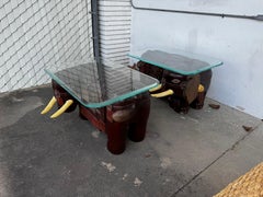 Pair of Sculpted Elephant w/ Tusk Hand Painted w/ Beveled Glass Top Tables