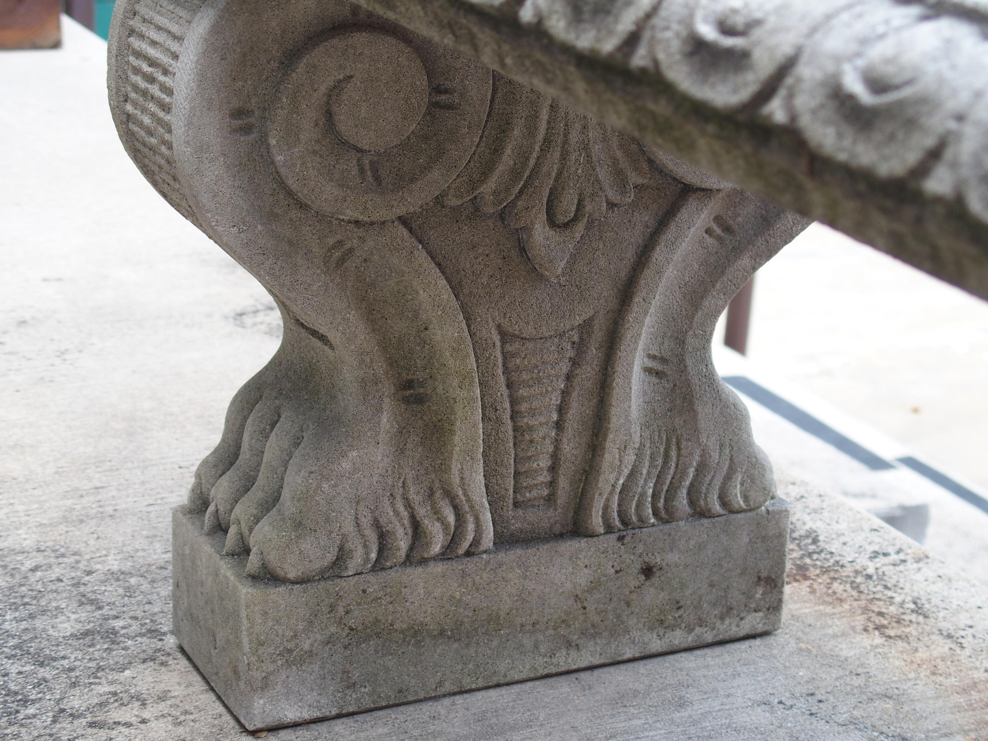 Pair of Sculpted Italian Limestone Garden Benches with Shaped Legs and Paw Feet 4